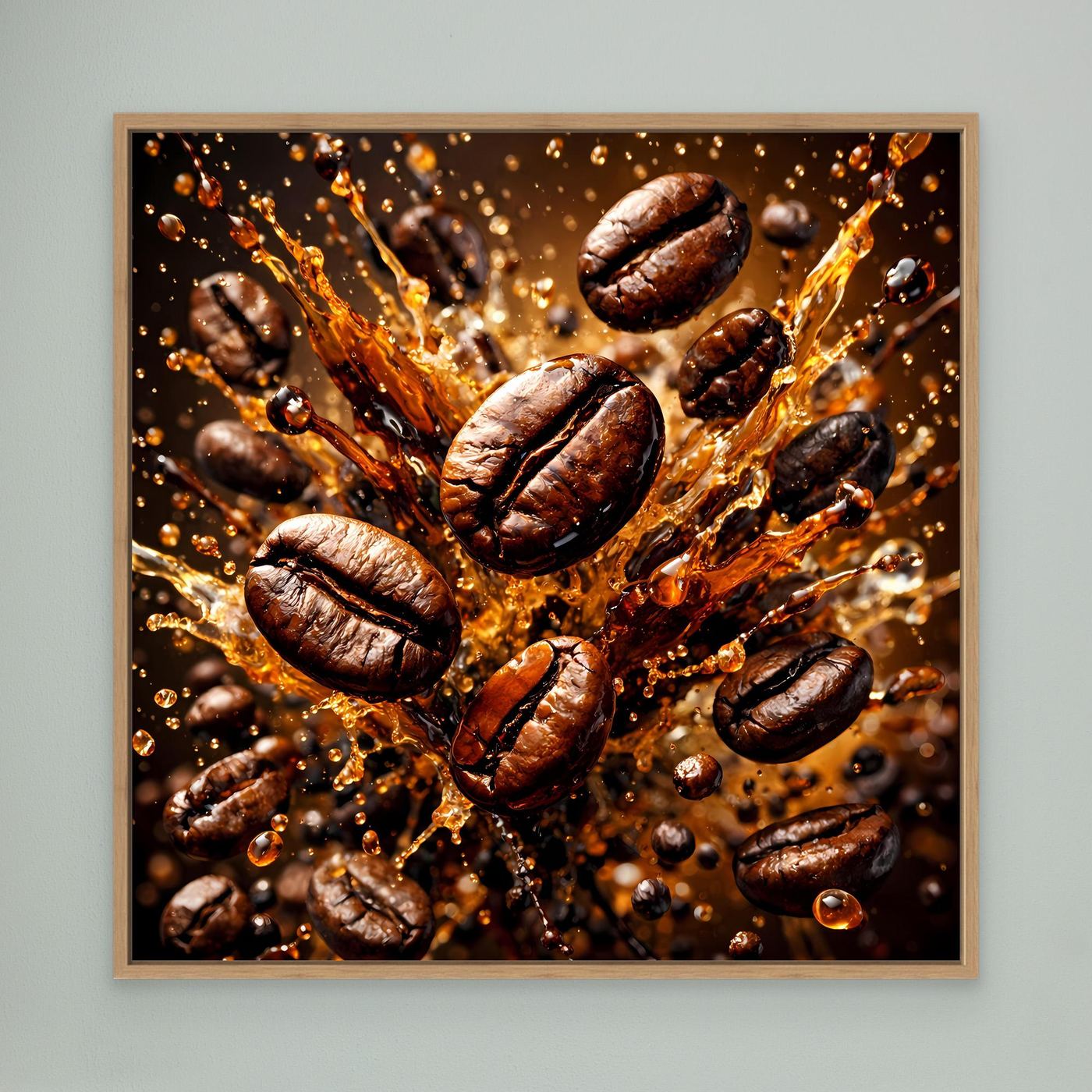 Leinwandbild mit Kaffeebohnen-Splash im Holzrahmen, braun-goldenes Spritzmotiv