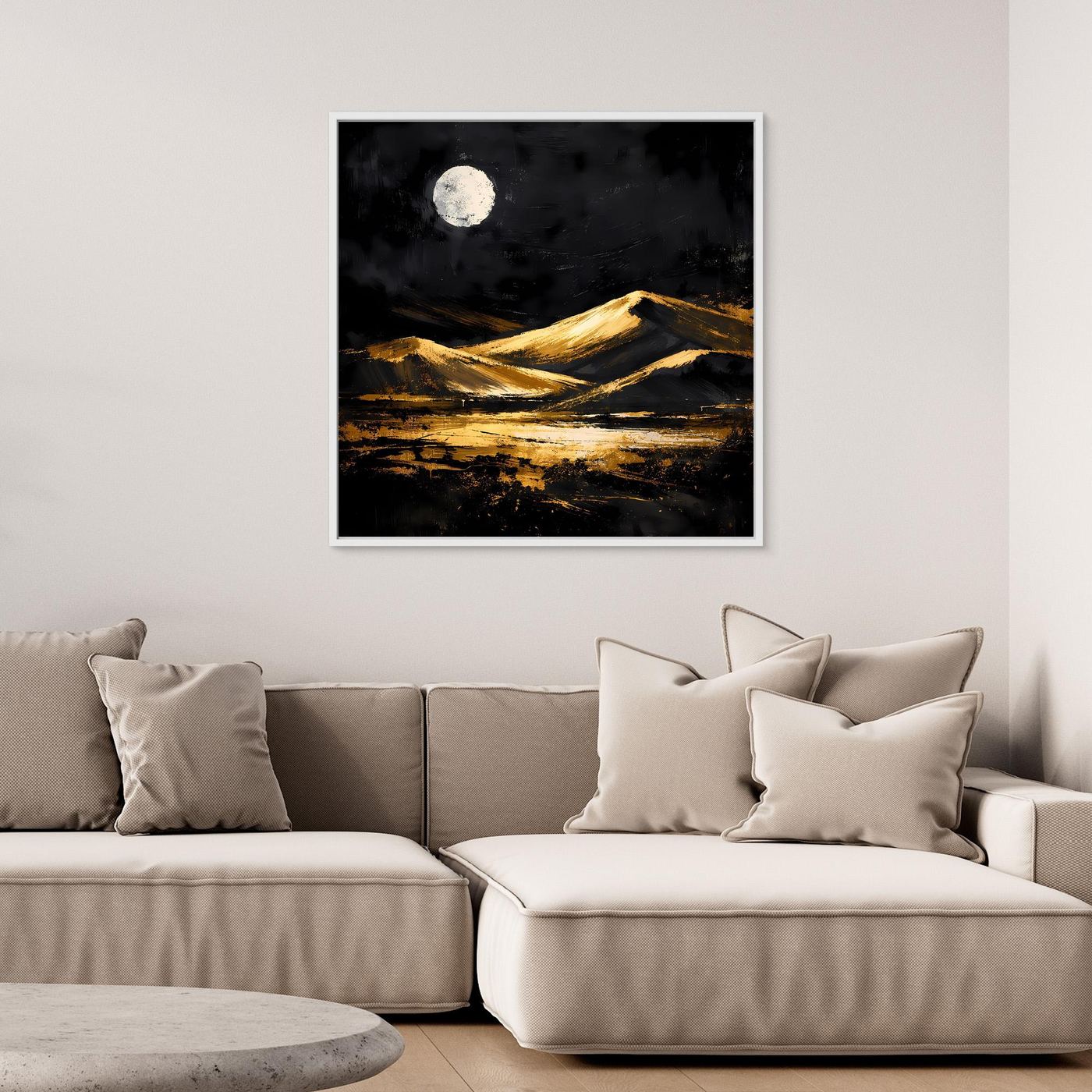 Leinwand Goldene Wüstendünen bei Vollmond | Modernes Abstraktes Landschafts Wandbild