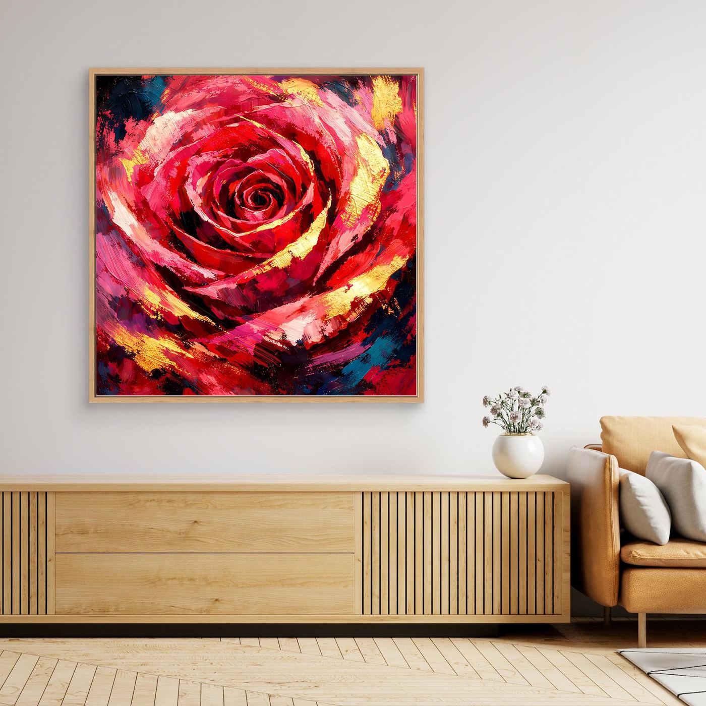 Gerahmtes Leinwandbild mit abstrakter roter Rose, gelb-blau, hellbrauner Holzrahmen.