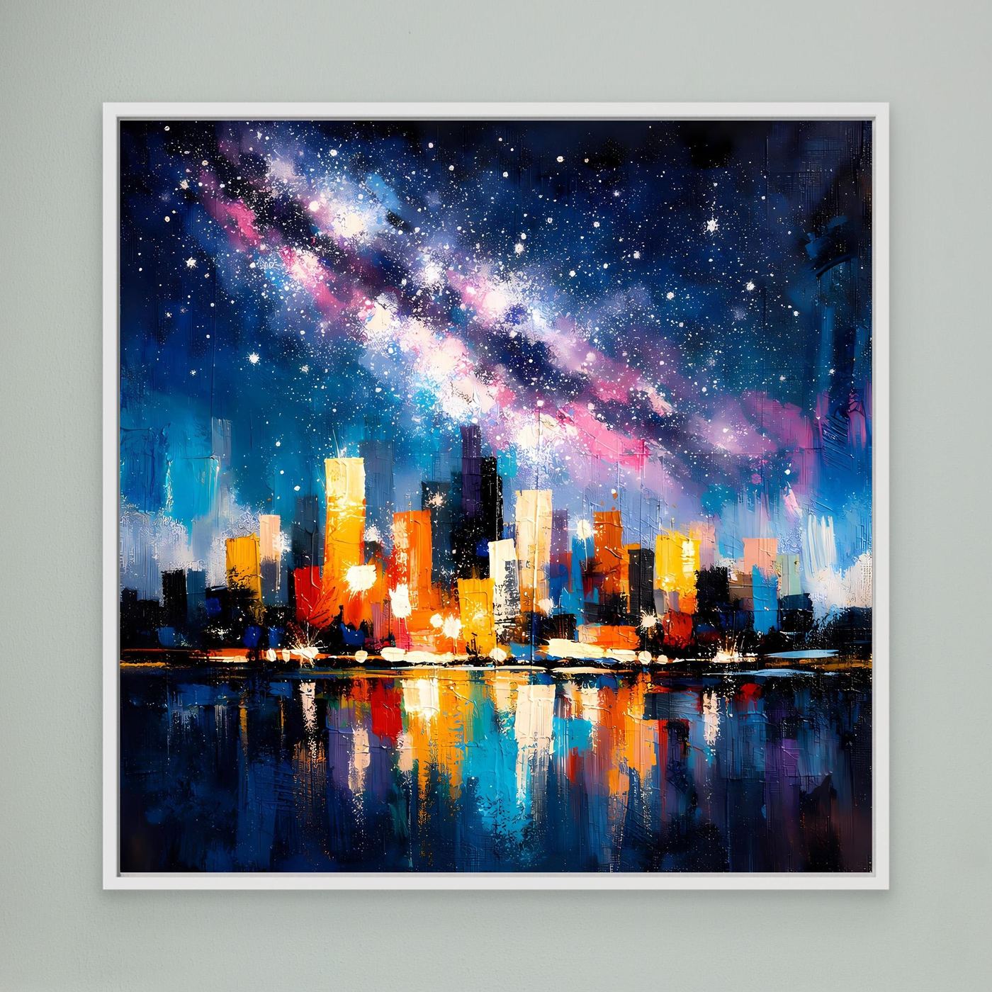 City skyline canvas wall art with Milky Way stars and reflections, white frame