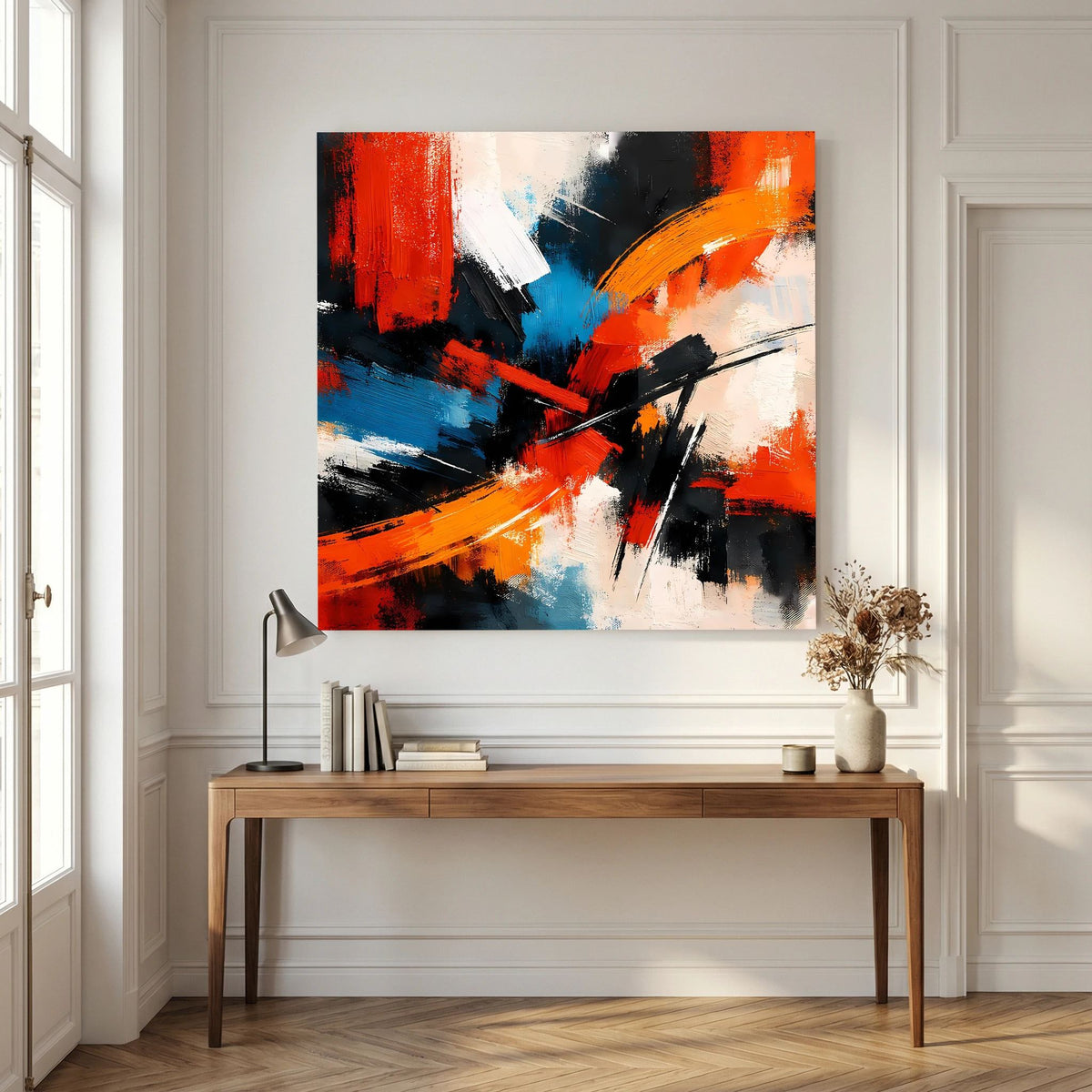 Abstraktes Leinwandbild mit Pinselstrichen und Farbflächen in Rot, Orange, Blau und Schwarz auf Holzkeilrahmen