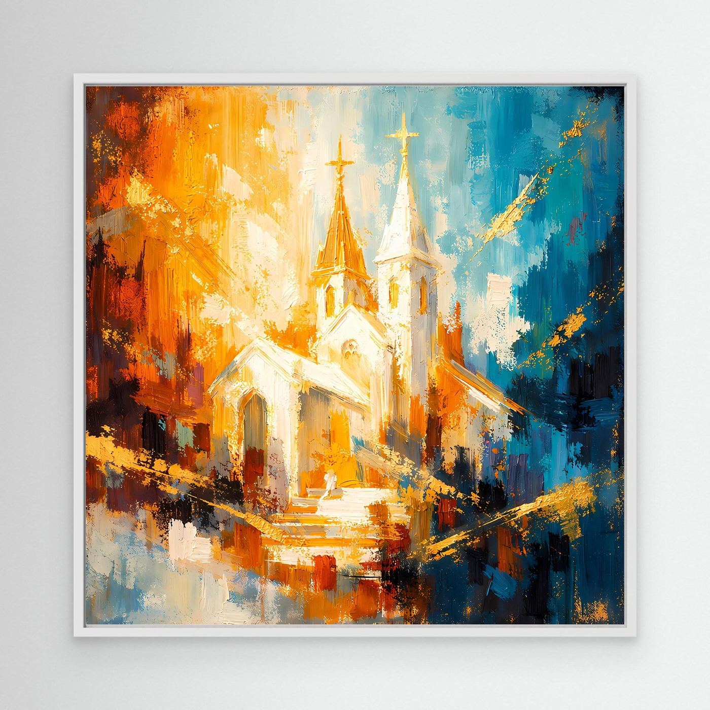 Leinwandbild mit abstrakter Kirche in Orange- und Blautönen, weißer Rahmen