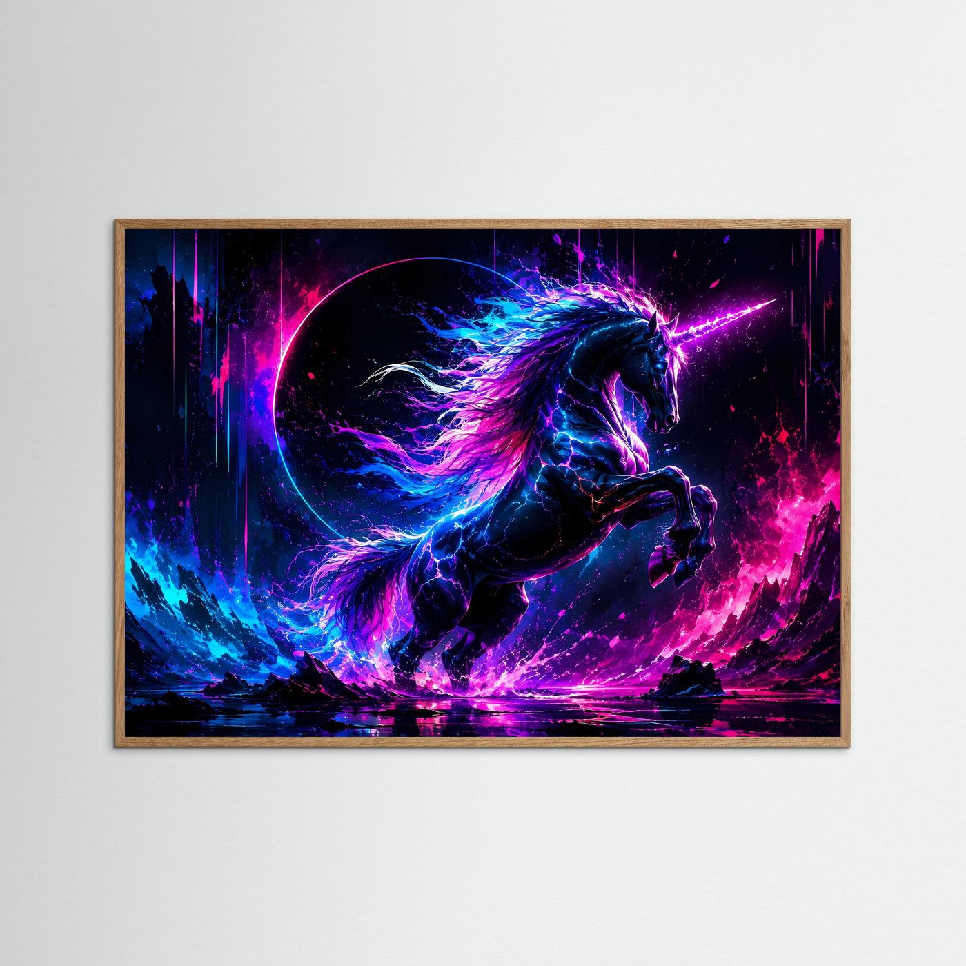 Mystisches Neon Einhorn Poster | Magisches Fantasy Wandbild in Pink, Blau & Violett Querformat