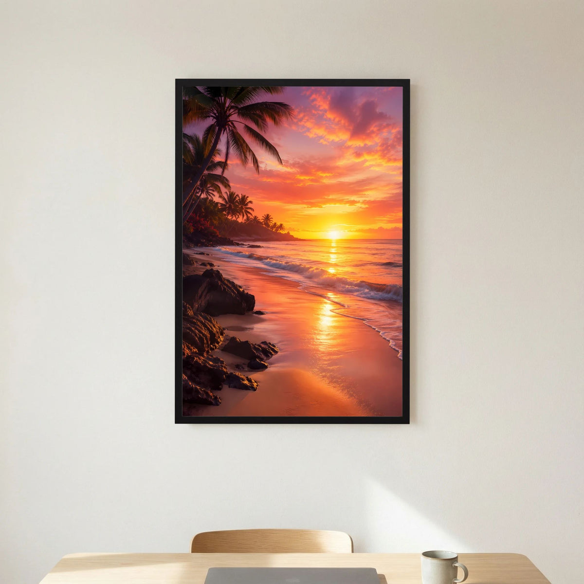 Poster Hochformat mit schwarzem Rahmen: Palmen und Küste mit orange-rosafarbenem Sonnenuntergang