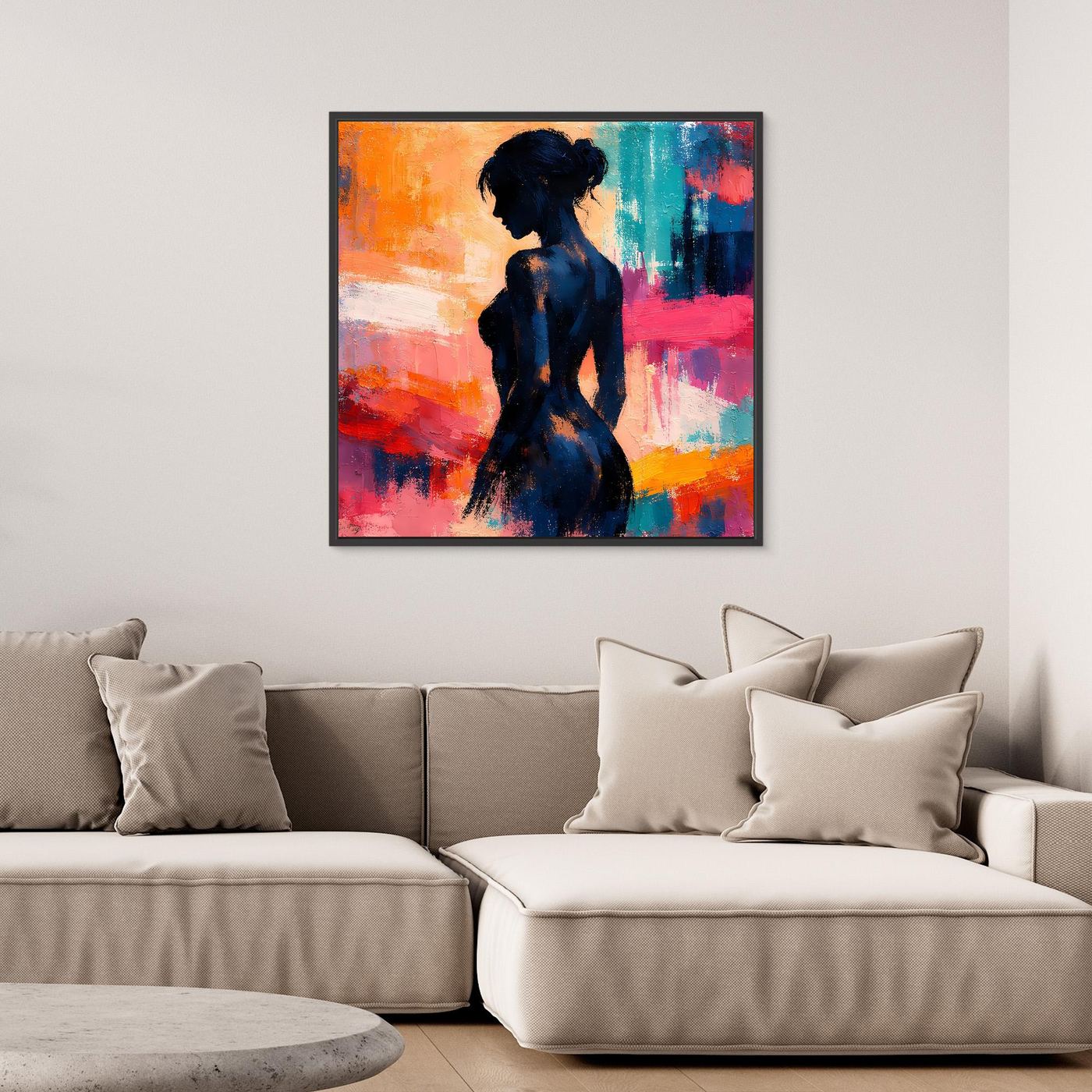 Gerahmtes Leinwand-Wandbild mit schwarzer Frauensilhouette in Blau, Pink und Orange.