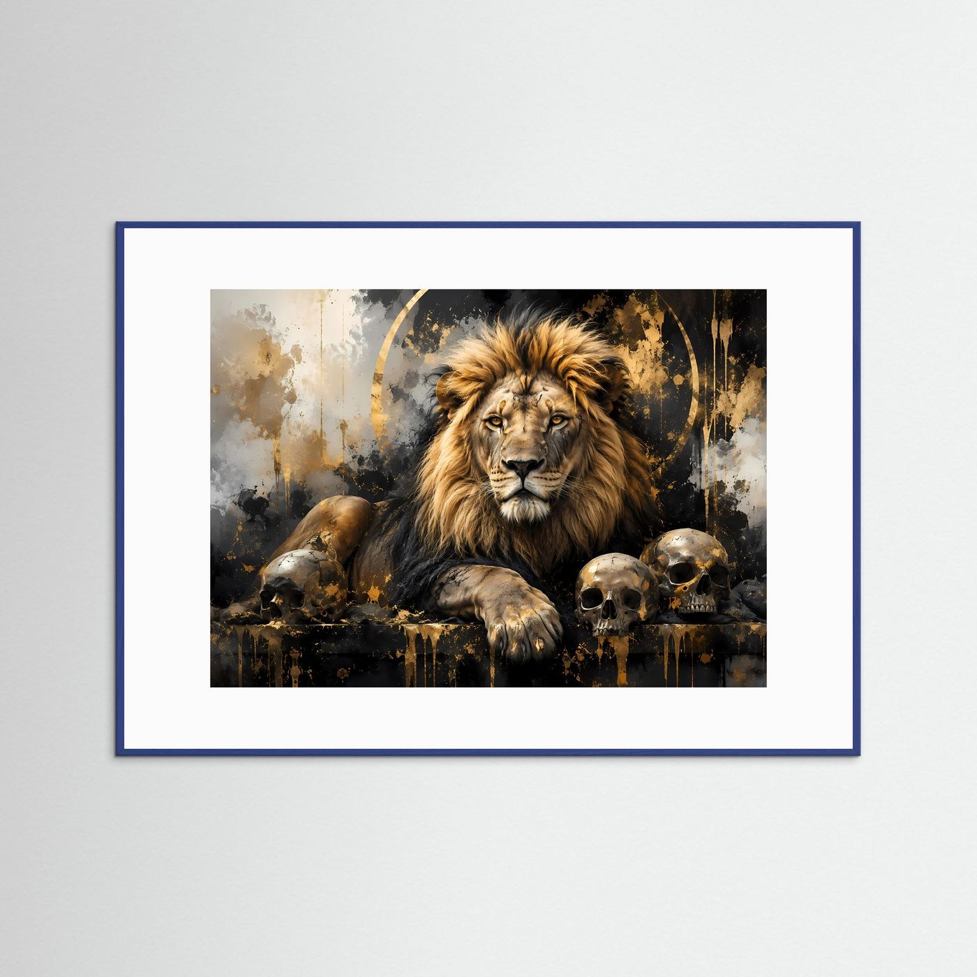 Löwe Poster mit Totenköpfen | Abstrakte Schwarz Gold Löwen Wandkunst | Majestätischer Lion Kunstdruck Modern