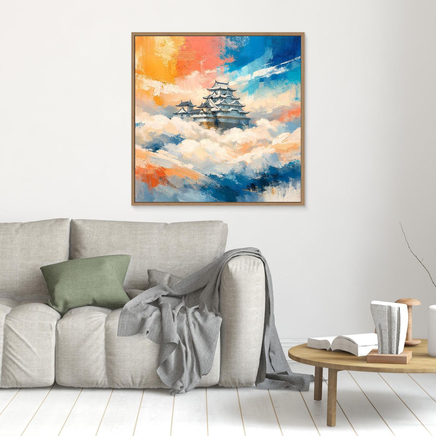 Leinwand Traditionelle Japanische Burg über den Wolken | Fernöstliches Wandbild auf echter Leinwand