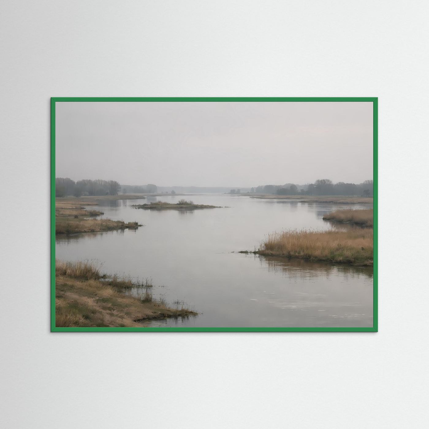Naturposter mit Flusslandschaft im Morgennebel, grüner Rahmen