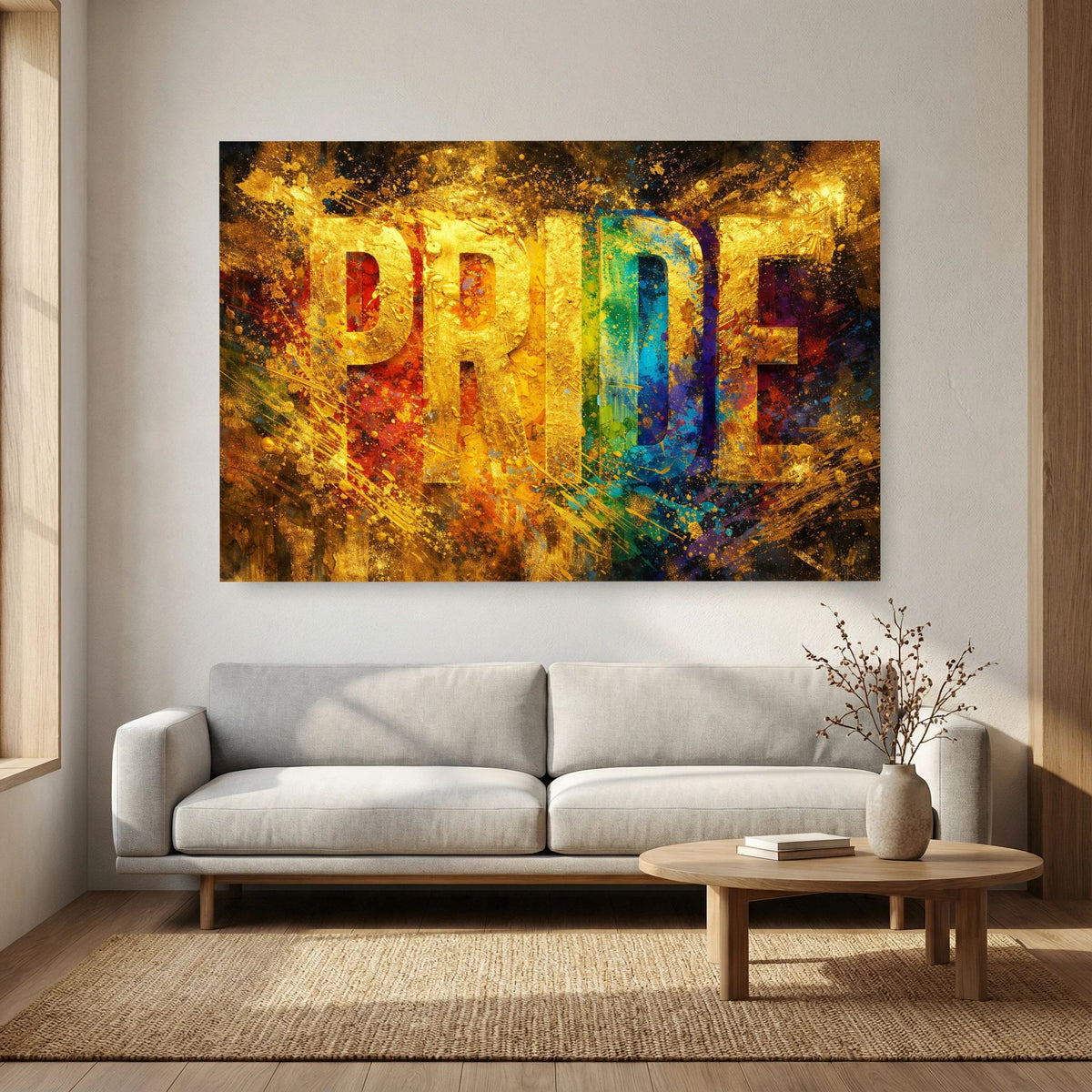 Rechteckiges Wandbild im Querformat mit goldfarbenem PRIDE-Letternmuster
