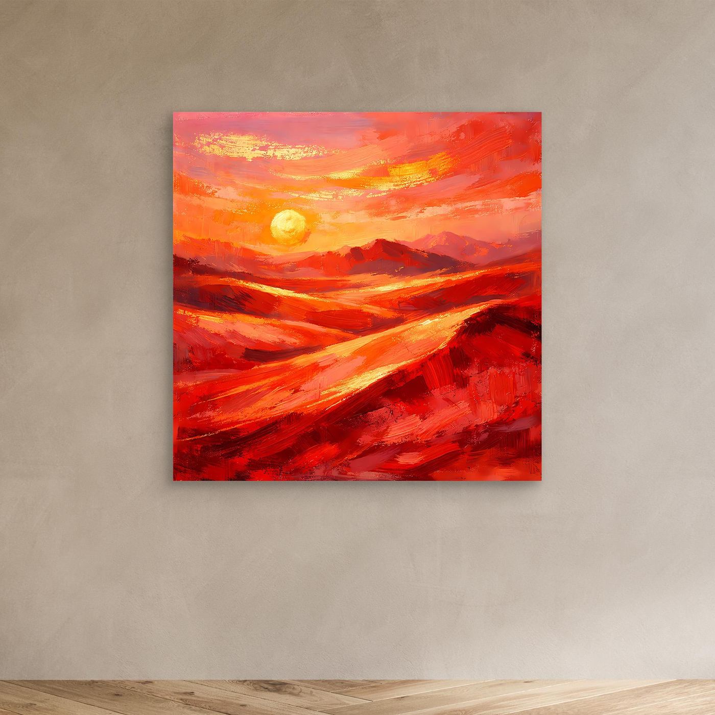 Abstraktes Leinwandbild mit Sonnenkreis und roten orangefarbenen Strichen, ohne Rahmen