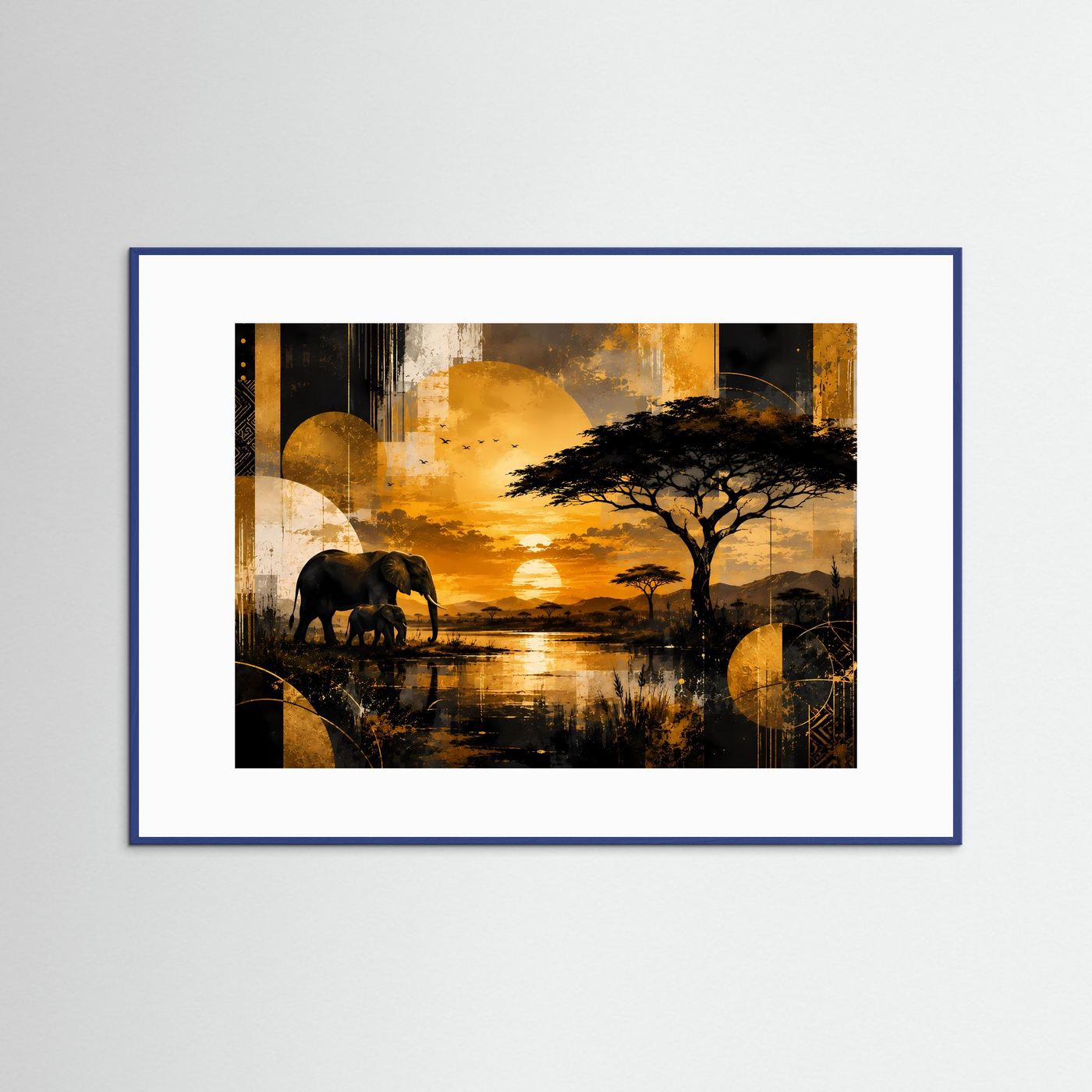 Gerahmtes Poster im Querformat: Elefanten auf der Savanne bei Sonnenuntergang, blauer Rahmen