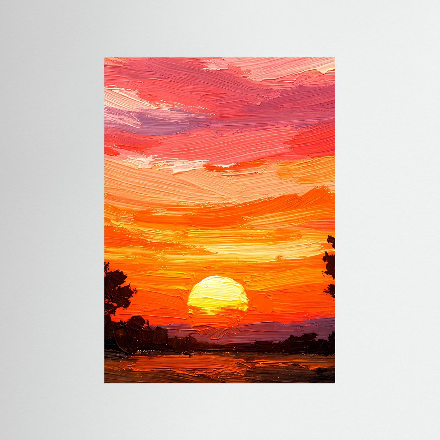 Acryl-Kunstposter ohne sichtbaren Rahmen mit orange-pinkem Himmel und goldener Sonne