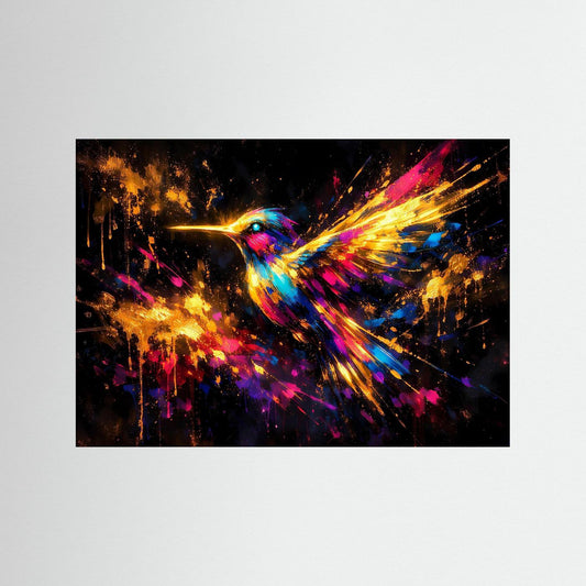 Querformatiges Vogelposter mit abstraktem Kolibri im Flug, buntes Neonmotiv, schwarzer Rahmen