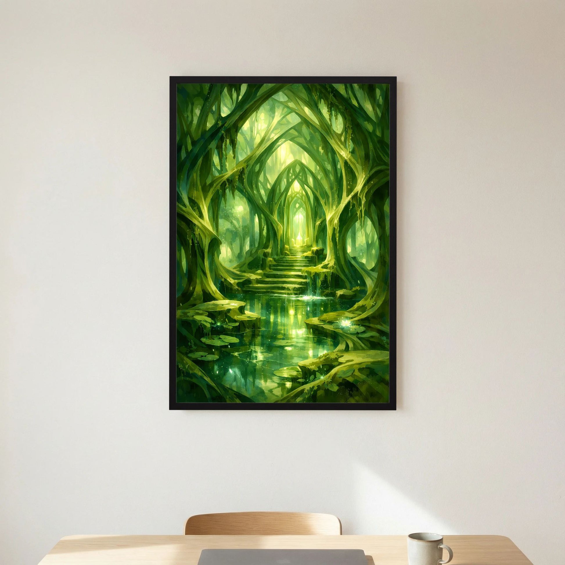 Kunstposter im schwarzen Rahmen mit grünem Tempelgang, leuchtender Säule und Teichreflex