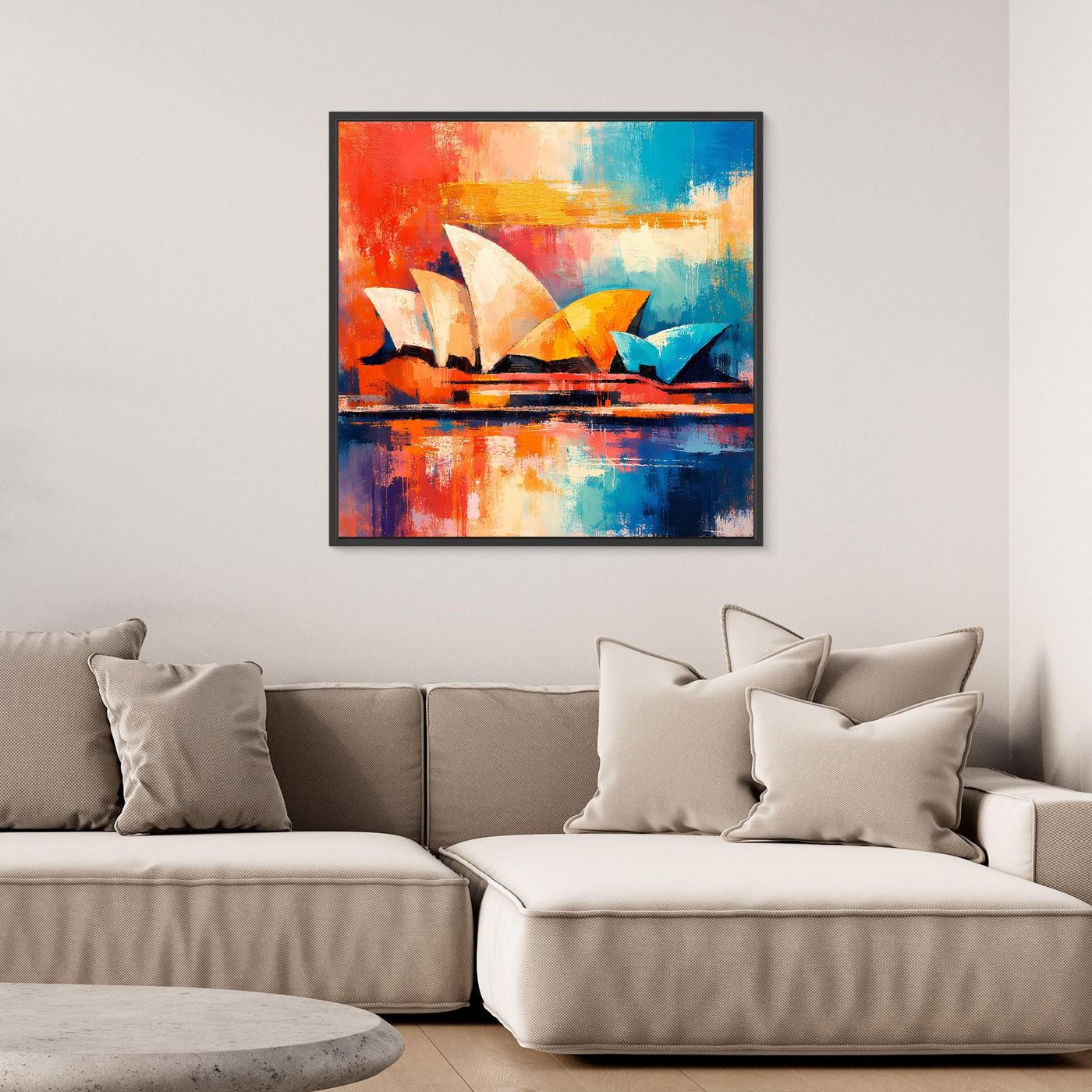 Gerahmtes Leinwandbild: abstraktes Opernhaus-Motiv mit Farbflächen in Rot und Blau.