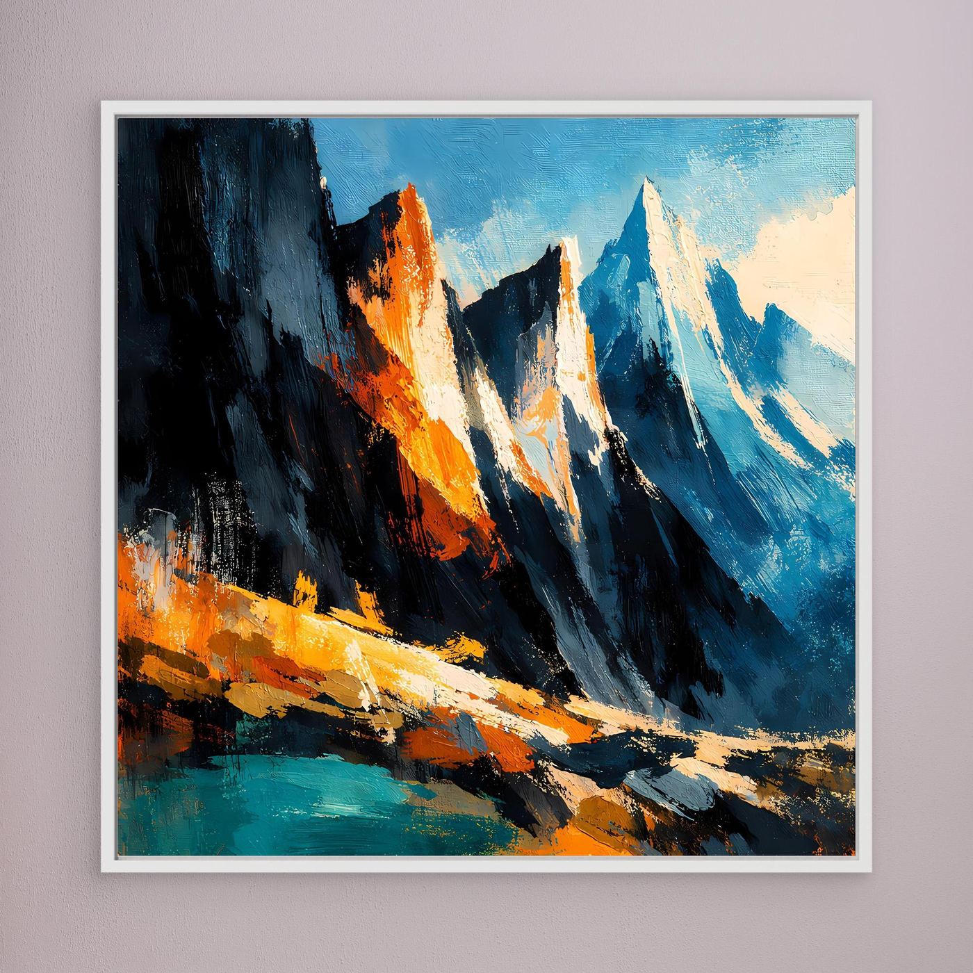 Wandbild mit abstrakten Bergspitzen in Blau, Schwarz und Orange, weiß gerahmt