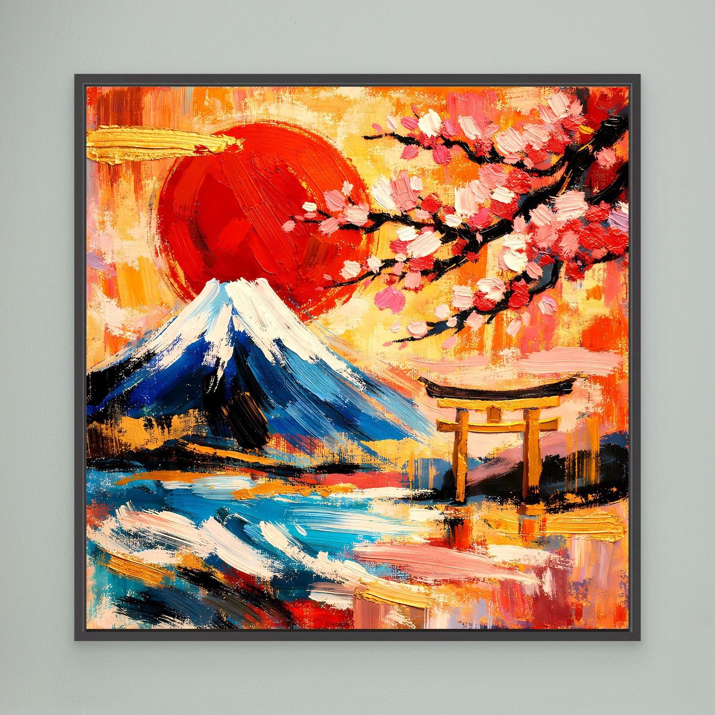 Leinwandbild mit dunklem Rahmen: roter Fuji, Kirschblütenzweige und Torii
