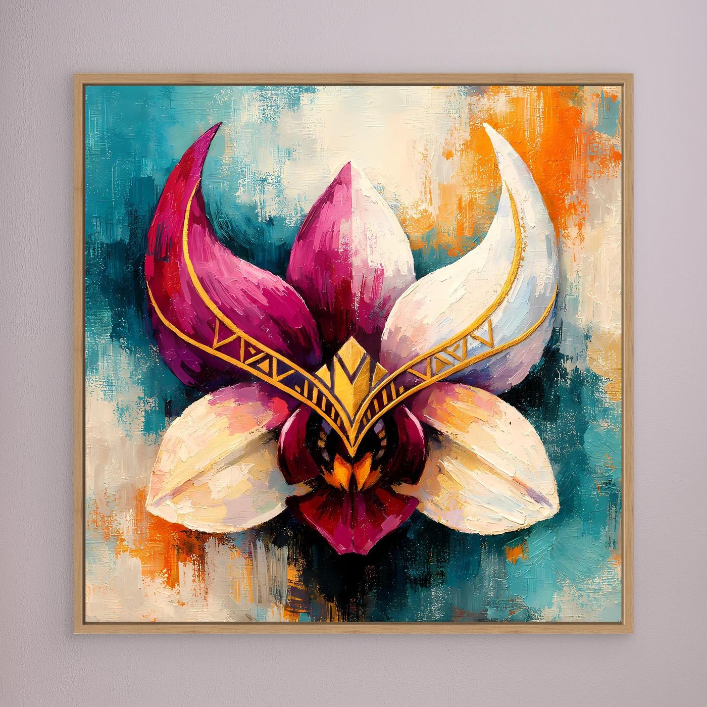 Premium Leinwand Mystische Orchideen-Maske in Gold | Abstraktes Florales Wandbild im Fantasy-Stil