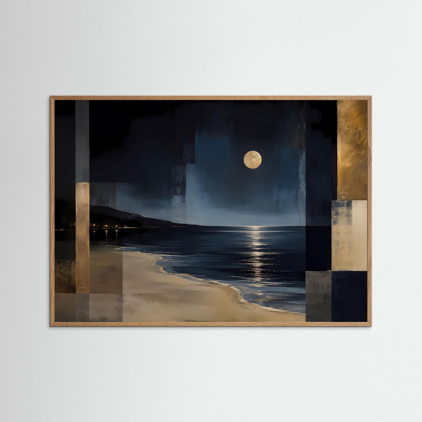 Poster mit abstrakter Strandlandschaft im Mondlicht, Blau und Gold; brauner Rahmen.