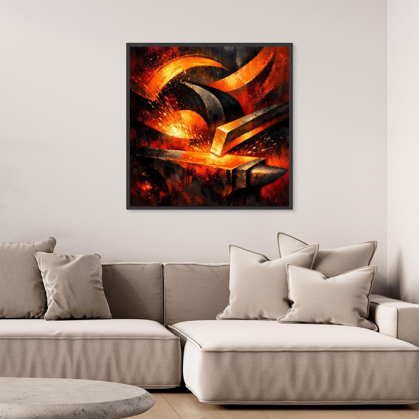 Leinwandbild: abstrakte Schmiedekunst mit Amboss, leuchtend warmem Glühen und schwarzen Metallflächen