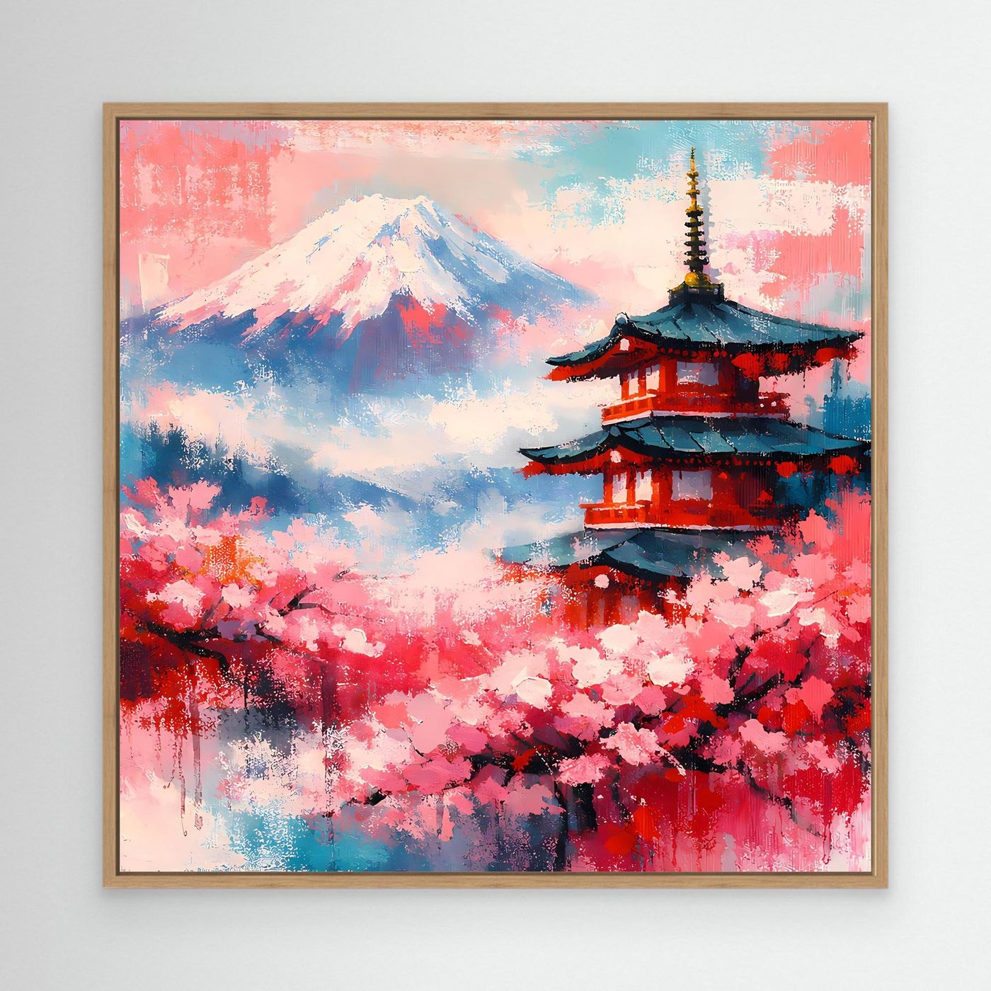 Leinwand-Wandbild mit Kirschblüten, Berg Fuji und Pagode im Eichenholzrahmen