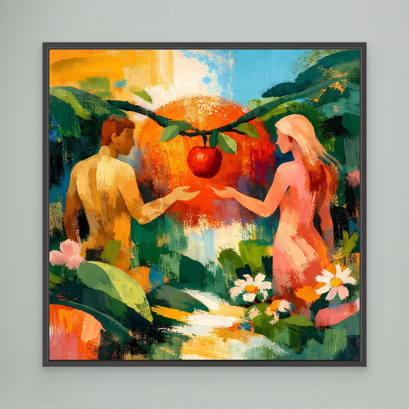 Abstract Eden wall art: two nude figures with red fruit, greenery and flowers, black frame