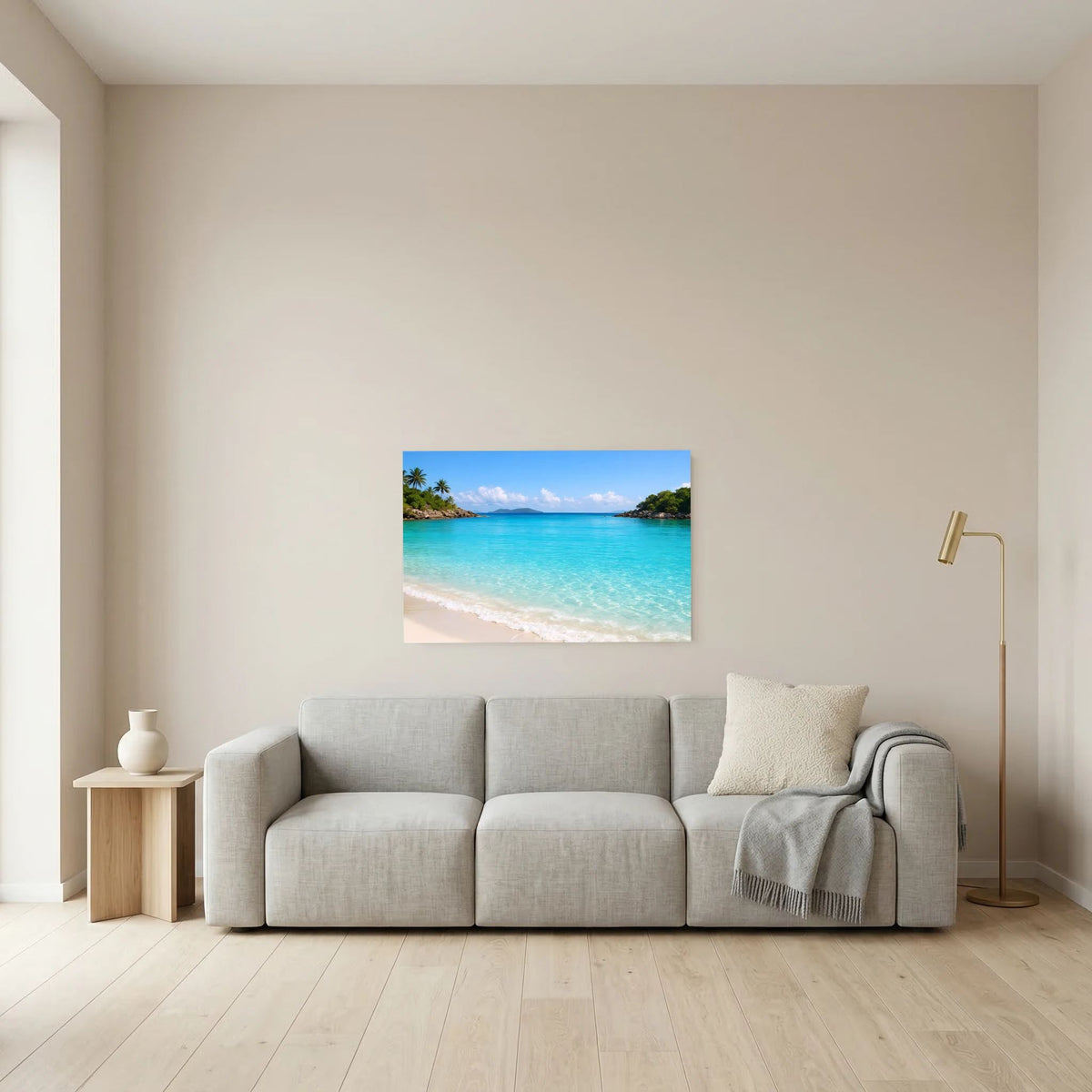 Strand-Wandbild in Querformat mit türkisfarbenem Meer, Palmen und Sandstrand