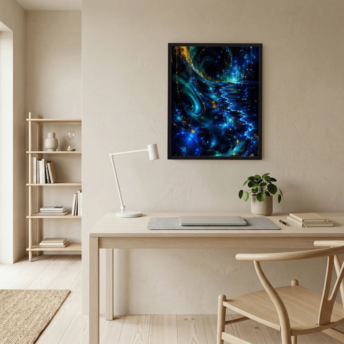 Gerahmtes Hochformat-Poster mit leuchtenden Meereswellen in Blau und Gold an der Wand