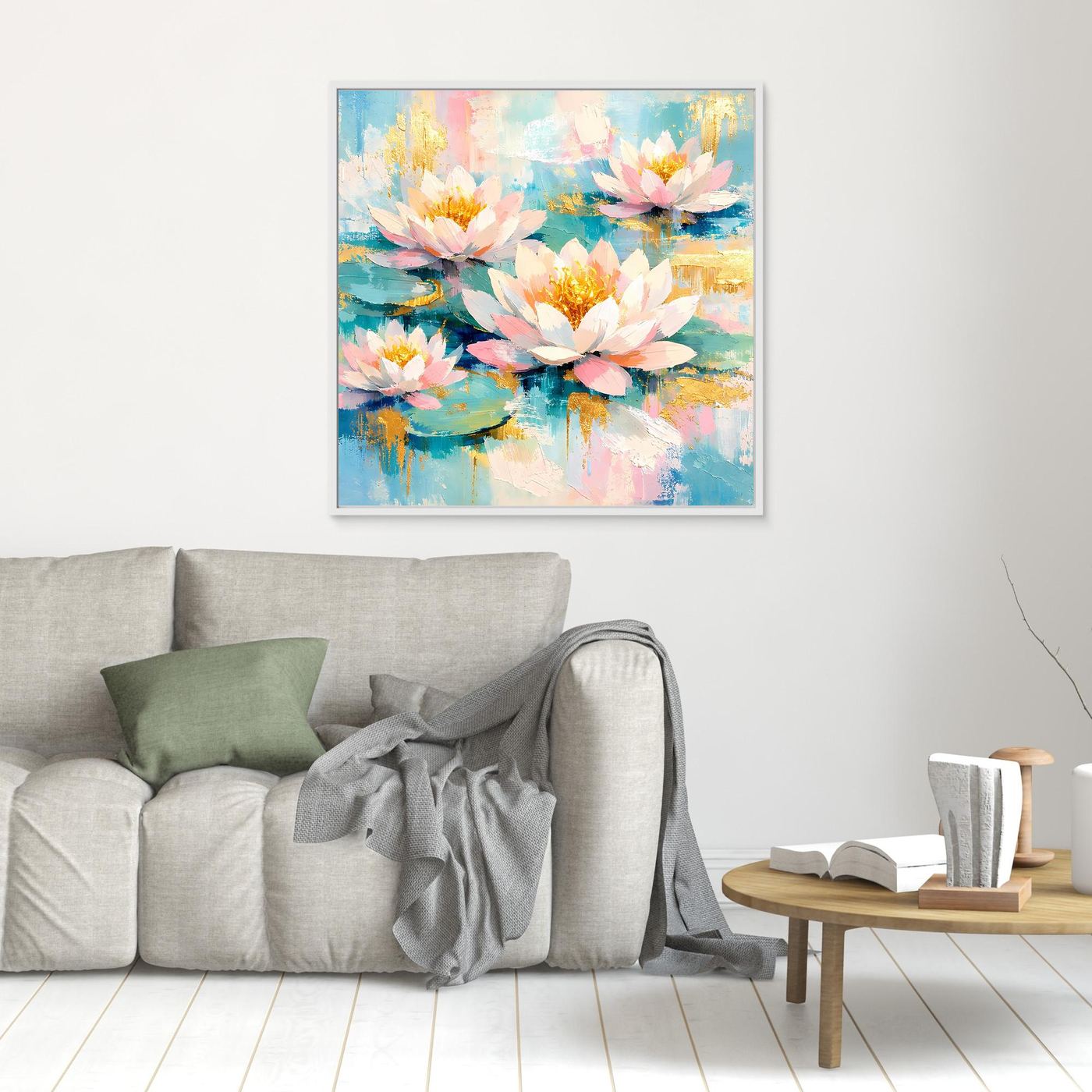Quadratisches Leinwandbild mit hellem Rahmen: Seerosen in Rosa und Blau