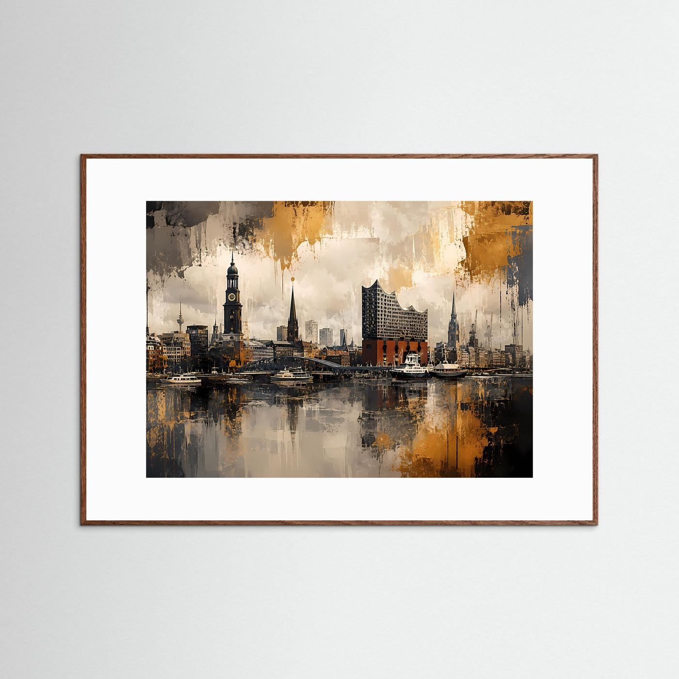 Hamburg Skyline an den Landungsbrücken | Abstraktes Hafen-Poster im Querformat