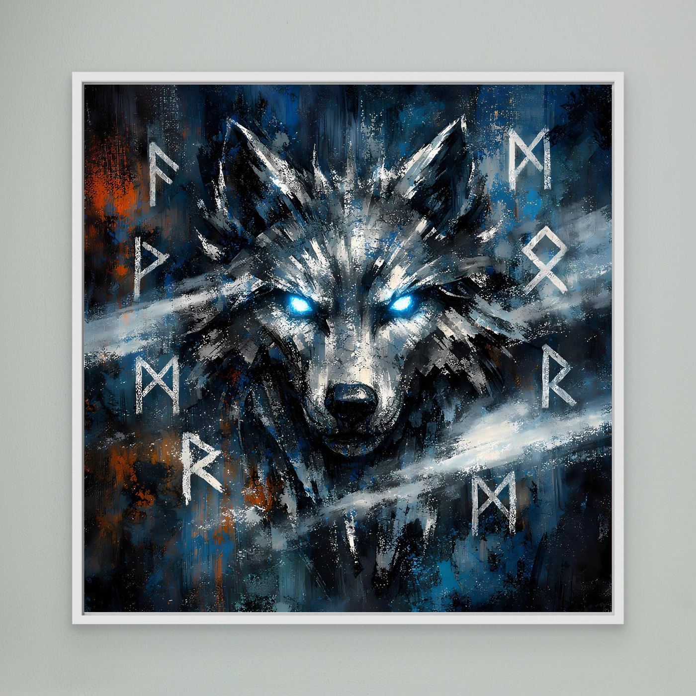 Gerahmtes Leinwandbild mit Wolfkopf in Blau-Schwarz und Runen, weißer Rahmen