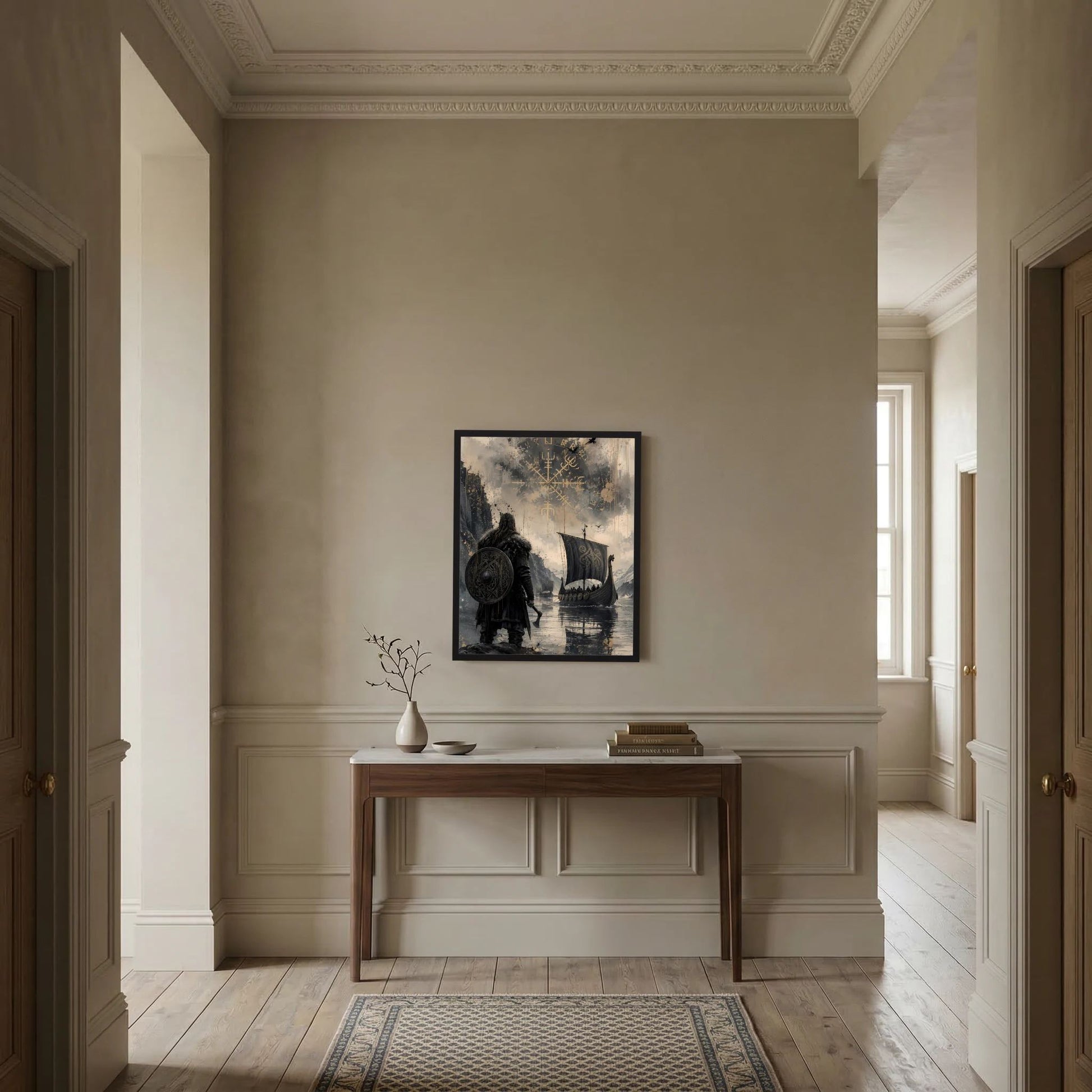 Wandbild im Hochformat mit Wikingerkrieger und Langschiff, von Runen umgeben