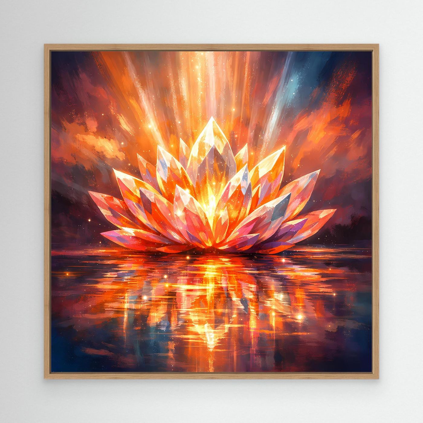 Leinwandbild mit leuchtender Lotusblüte, orange-blaue Strahlenoptik, im hellen Holzrahmen