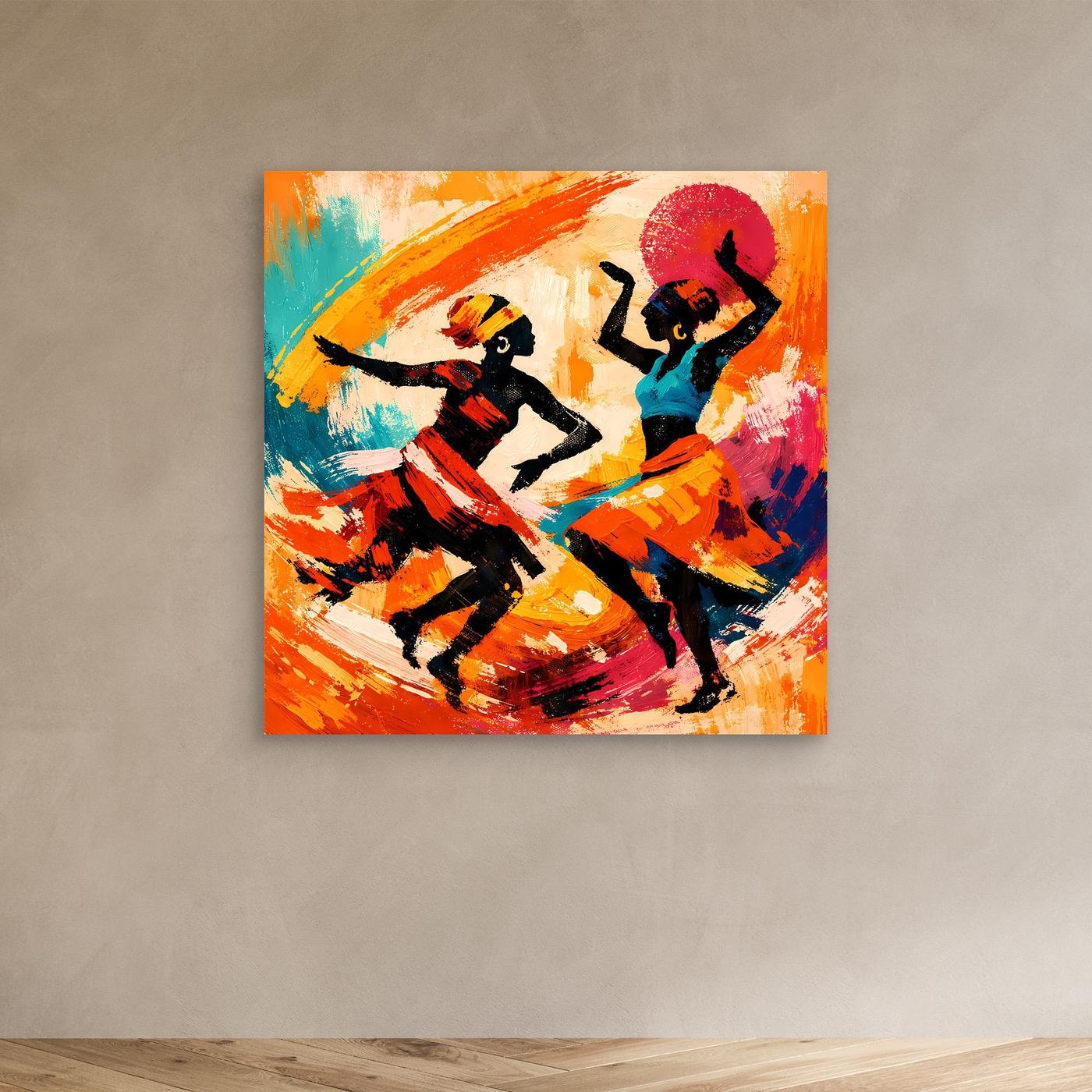 Leinwand Tanzende Afrikanerinnen im Sonnenuntergang | Abstraktes Ethno Pop Art Wandbild