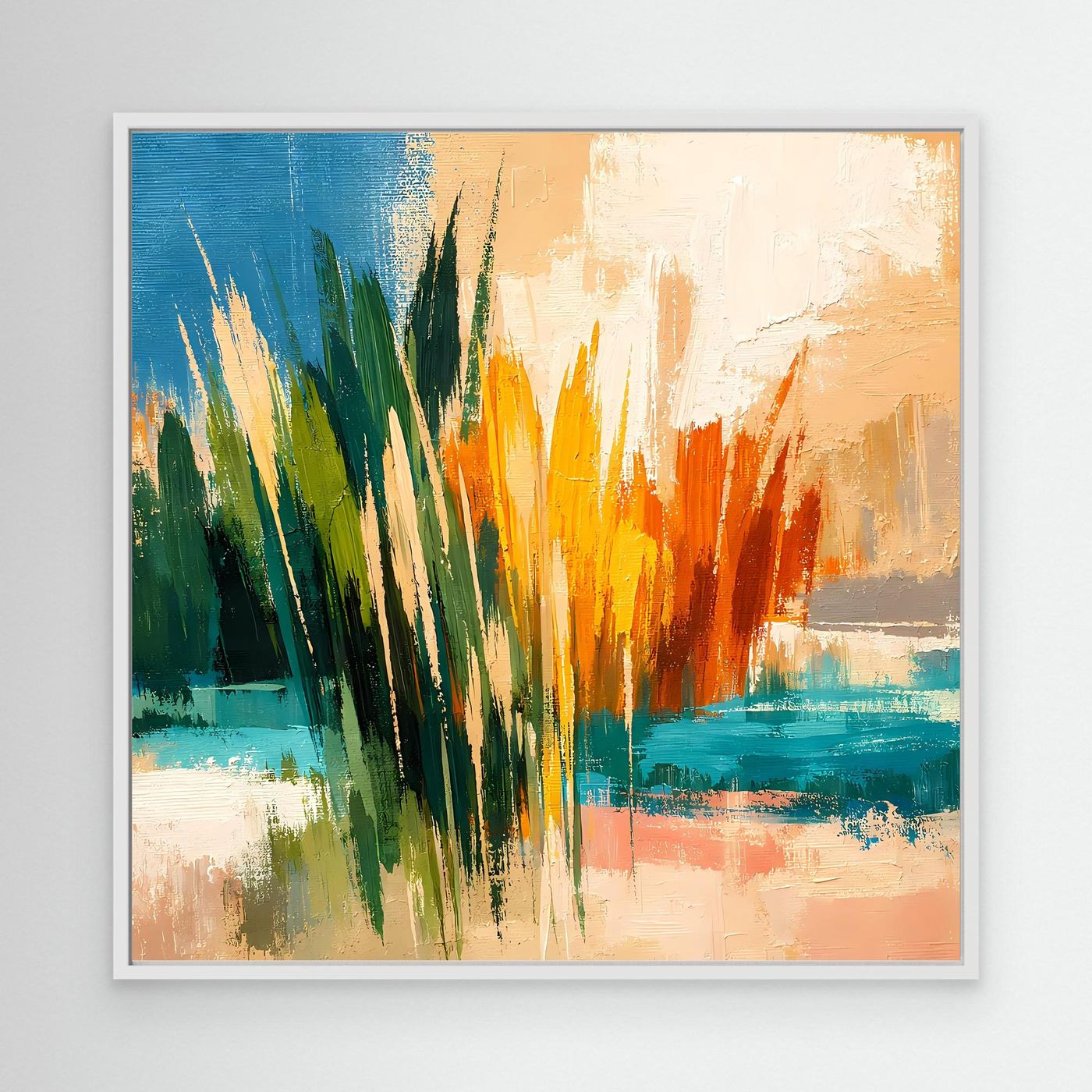 Wandbild mit abstrakter Schilflandschaft und Meer, schmaler weißer Rahmen