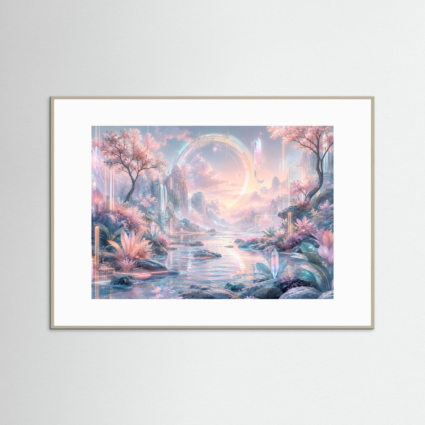 Futuristische Traumlandschaft in Pastell | Fantasy Natur mit Kirschblüten & Lichtportal