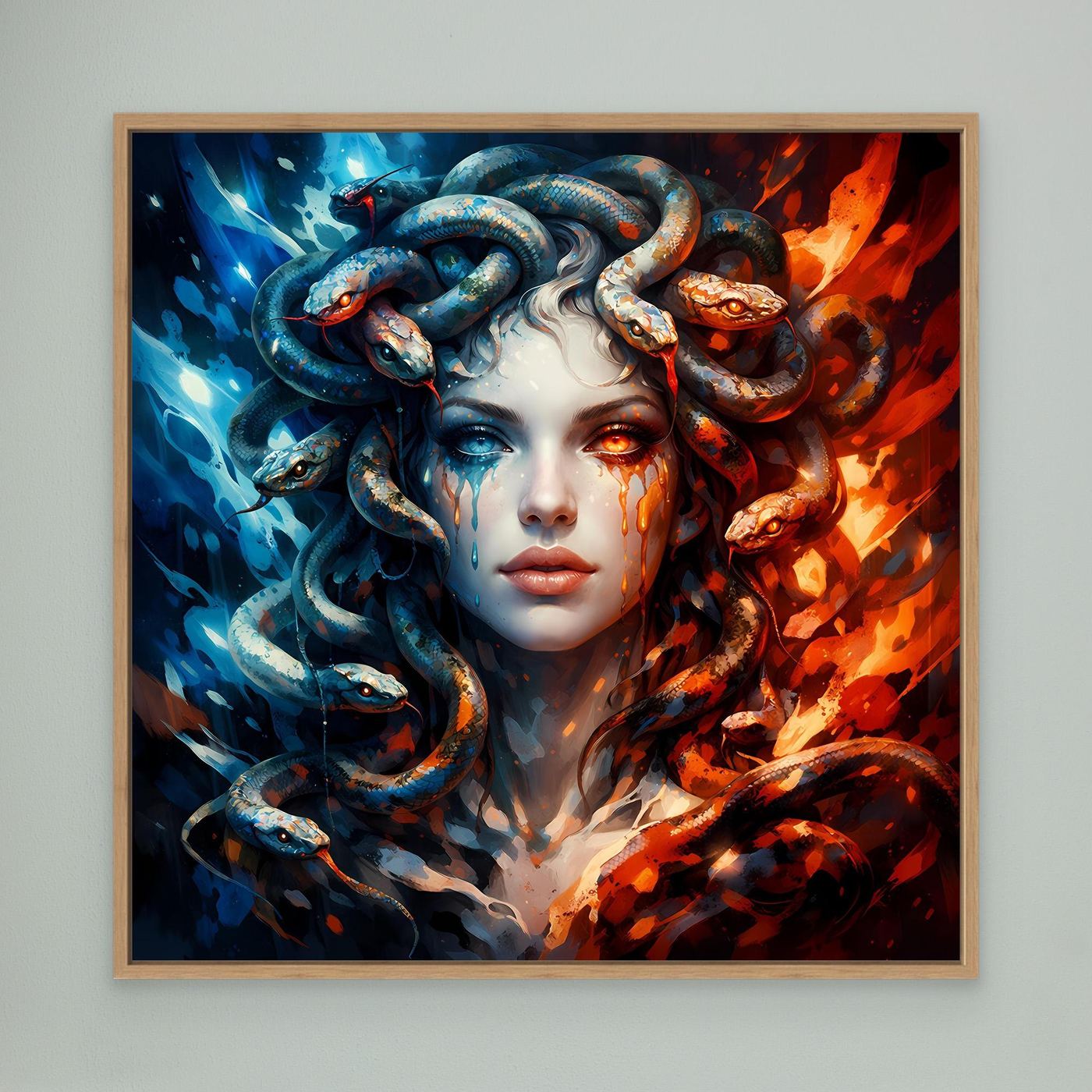 Leinwand Mystische Medusa im Feuer- und Eis-Kontrast | Modernes Fantasy Wandbild