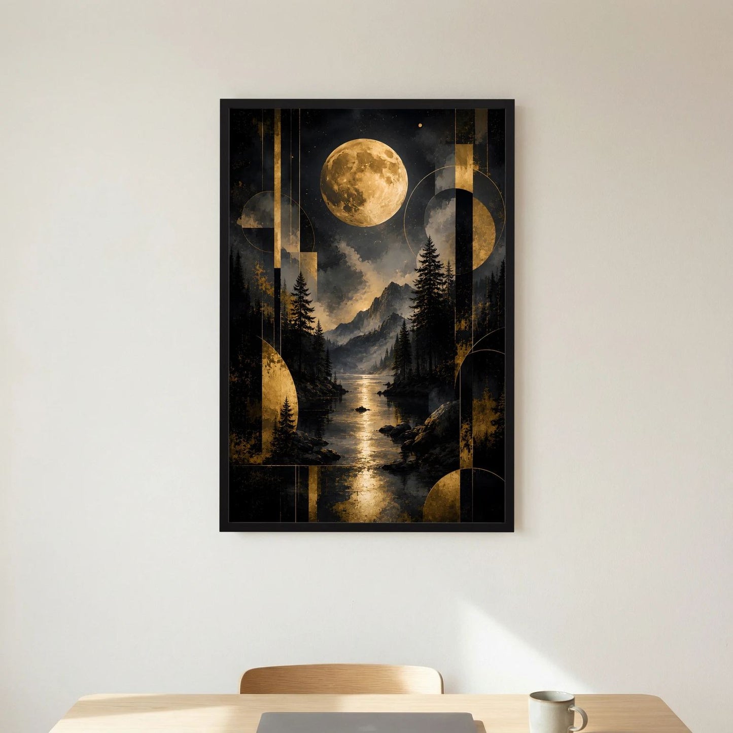 Hochformatiges Mondlandschaft-Poster: goldener Vollmond über Bergtal mit Tannen und Wasser