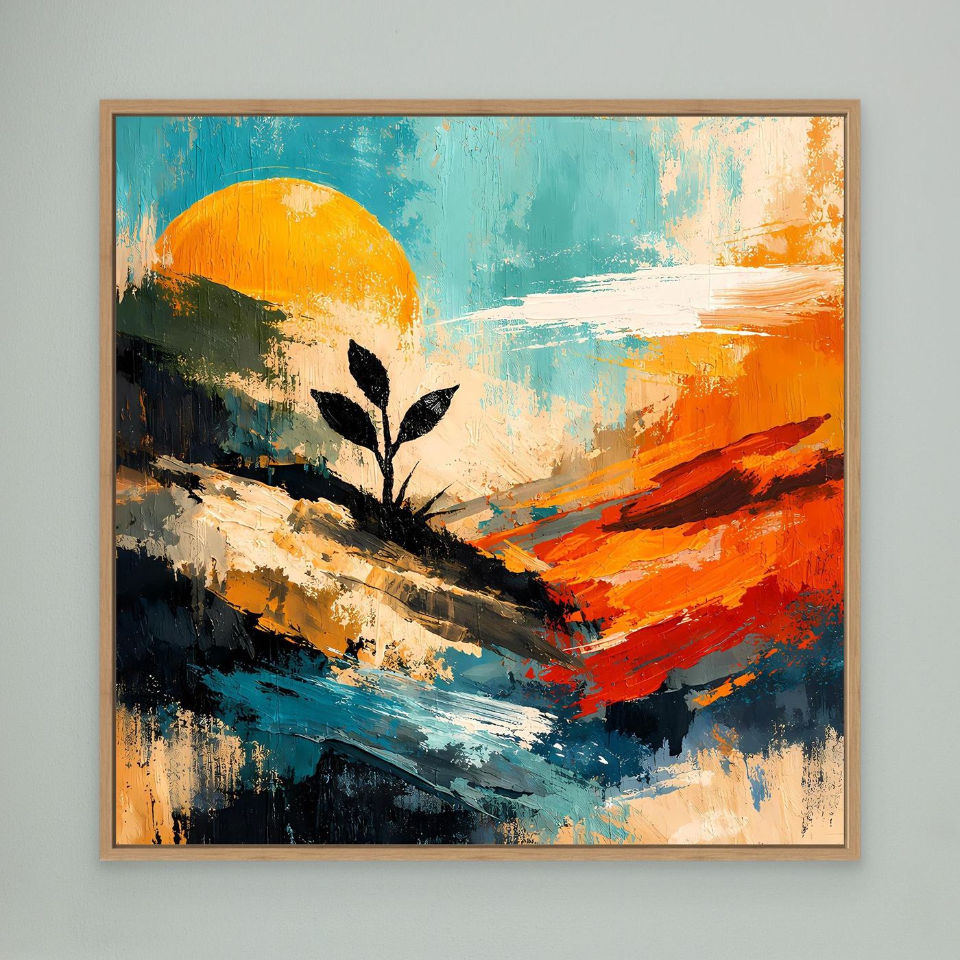 Abstraktes Wandbild mit hellem Holzrahmen: Sonne, Baum-Silhouette und kräftige Pinselstriche