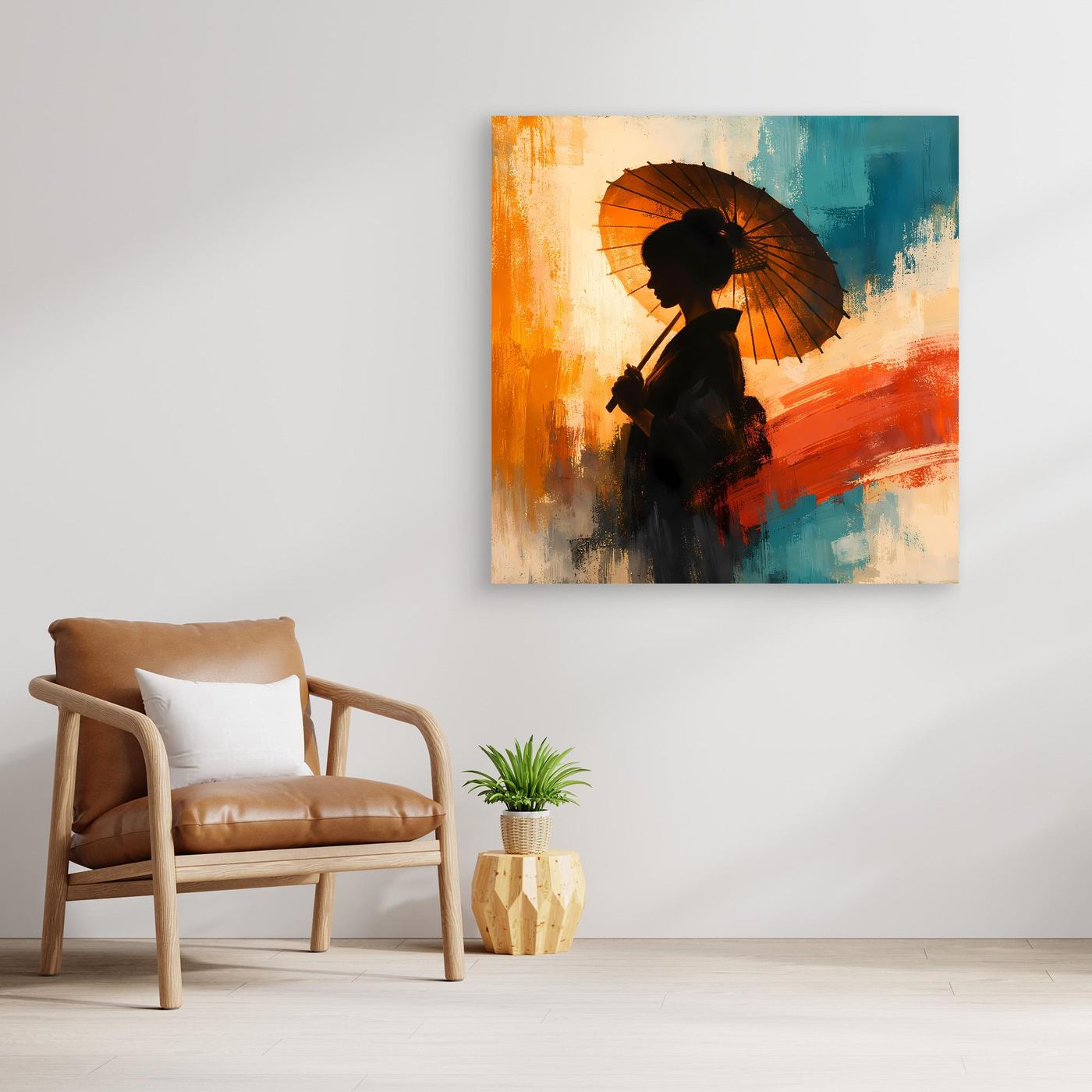 Leinwand Elegante Frau mit Sonnenschirm | Ästhetisches Japanisches Wandbild auf Keilrahmen