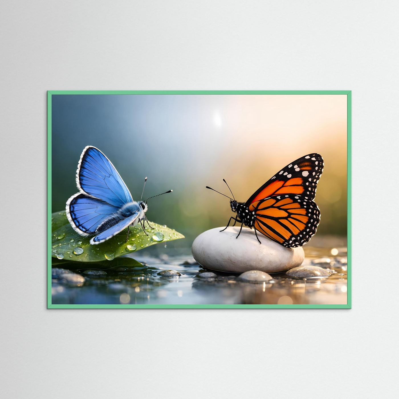 Naturposter Querformat mit blauen und orangefarbenen Schmetterlingen im mintfarbenen Rahmen