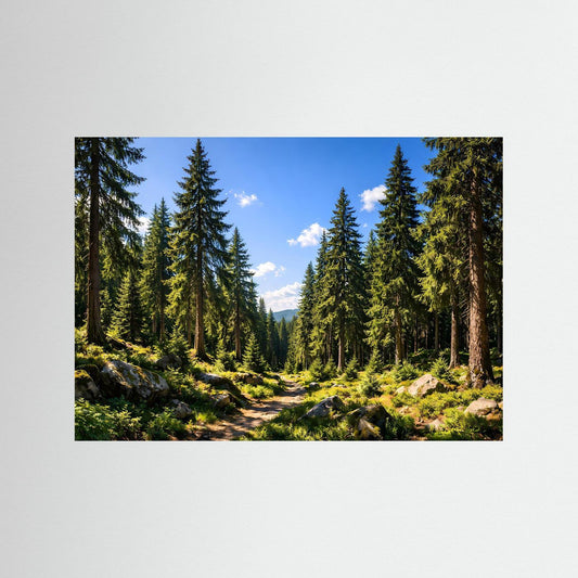 Naturposter im Querformat: Weg durch grünen Nadelwald im Sommer