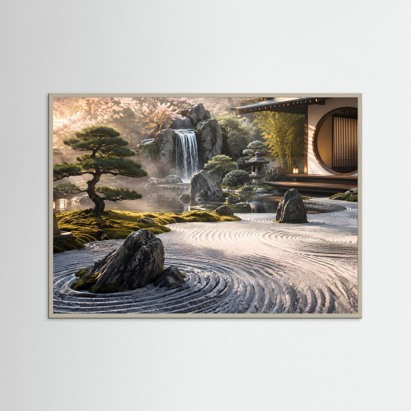Japanischer Zen Garten Poster | Asiatischer Garten mit Wasserfall | Japan Landschaft Wandbild | Meditationskunst | Moderne Premium Leinwand