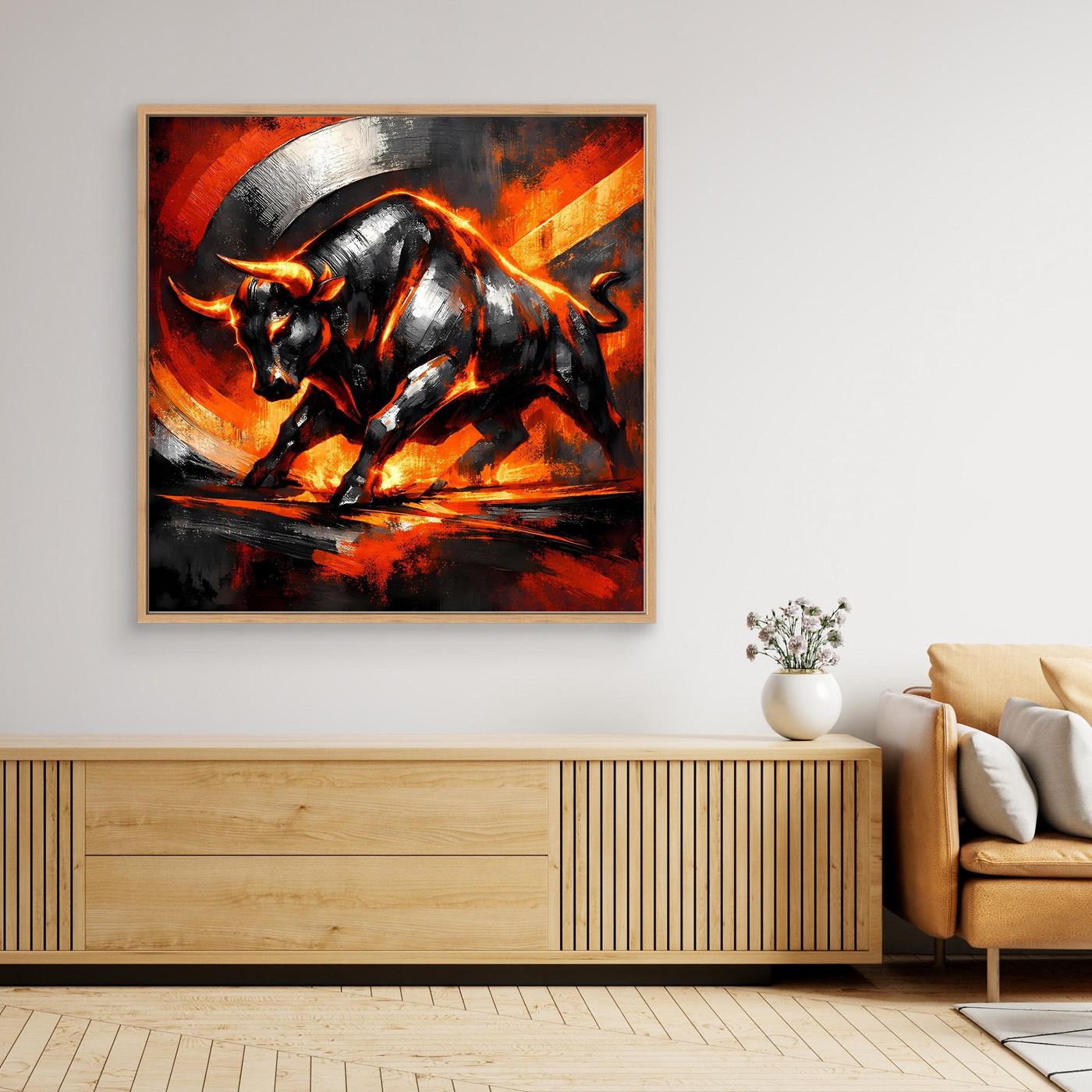 Abstraktes Leinwand-Wandbild: Stier in Flammen, schwarz-grau/Orange, mit braunem Rahmen