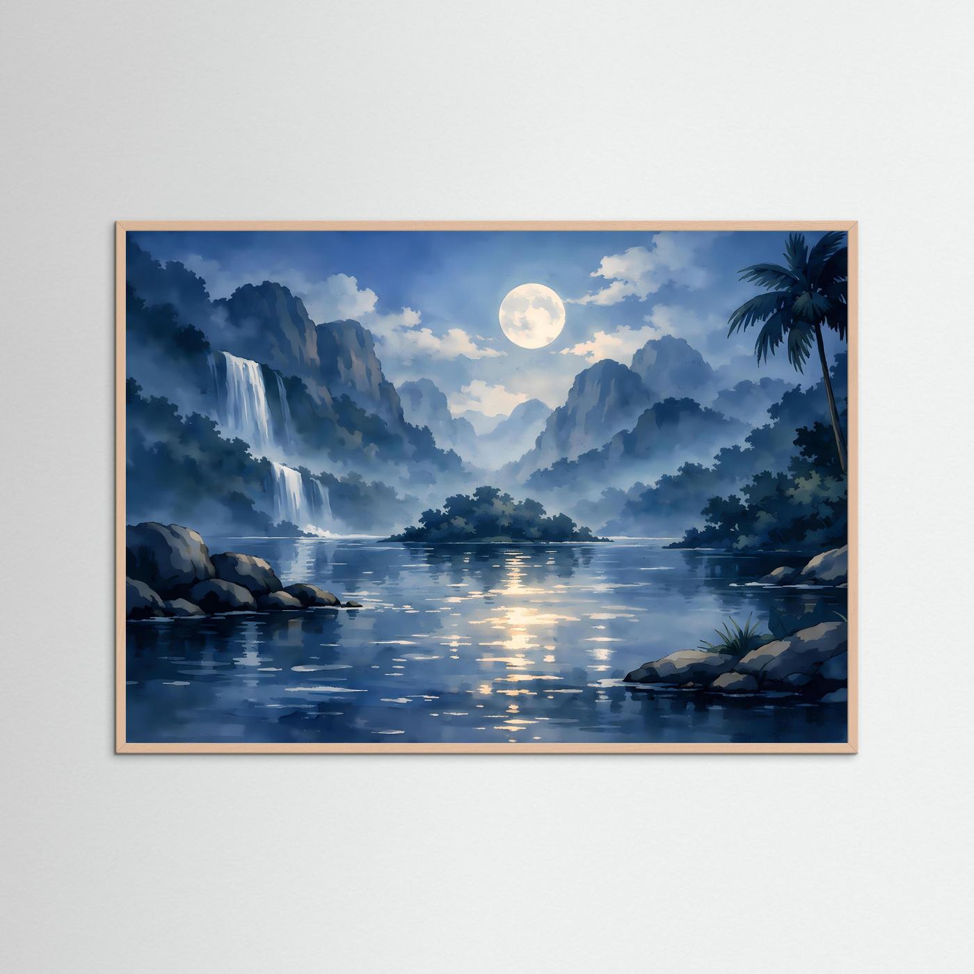 Querformatiges Naturposter mit Mond über tropischem See, Wasserfall und Palmen im Roséholzrahmen