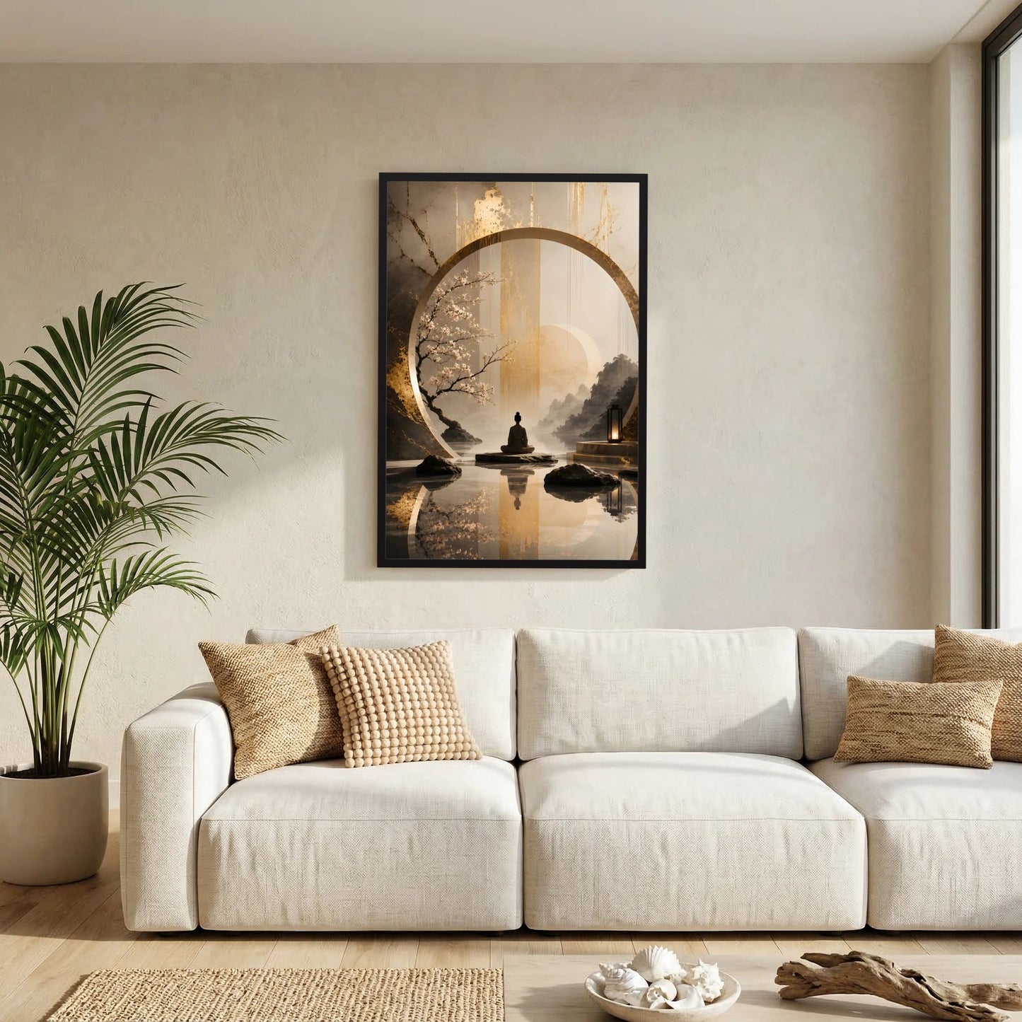 Zen-Kunstposter im goldenen Kreis mit sitzender Figur und Kirschblüten, Beige, schwarzer Rahmen