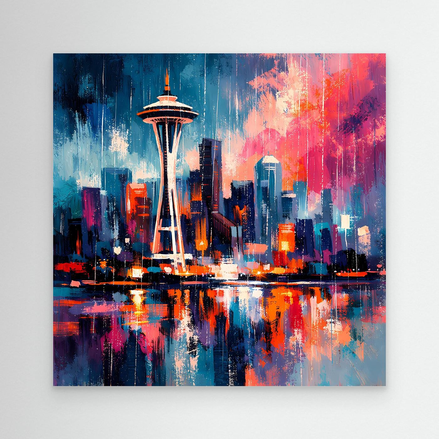 Wandbild Space Needle, abstrakte Skyline in Blau-Rosa mit Spiegelung im Wasser