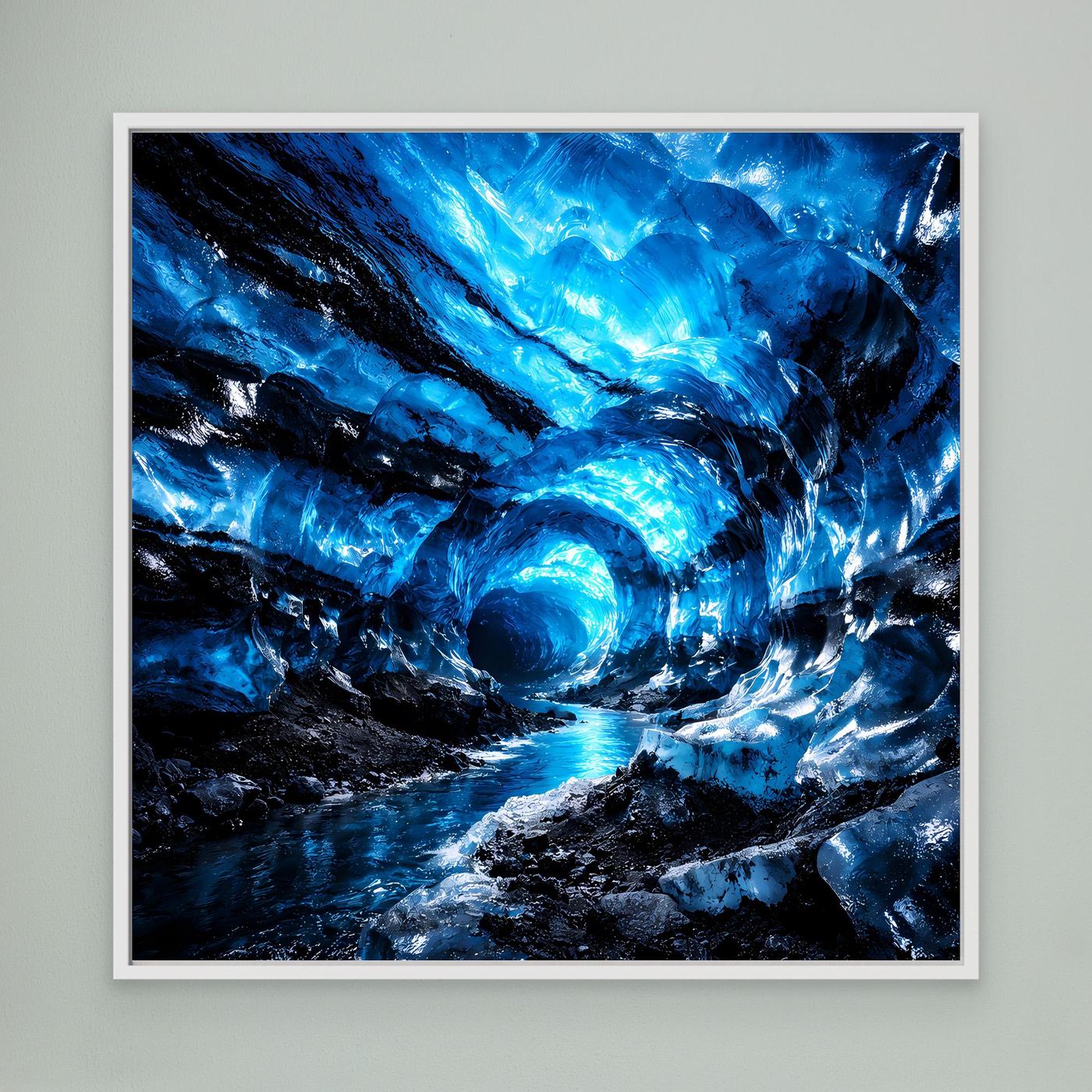 Leinwandbild Blaue Eishöhle mit weißem Rahmen, abstrahierte blaue Grotte und Felswände