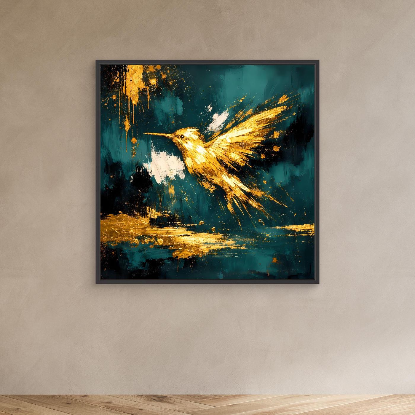 Leinwand Goldener Kolibri im Flug | Abstraktes Modernes Vogel Wandbild Kunst