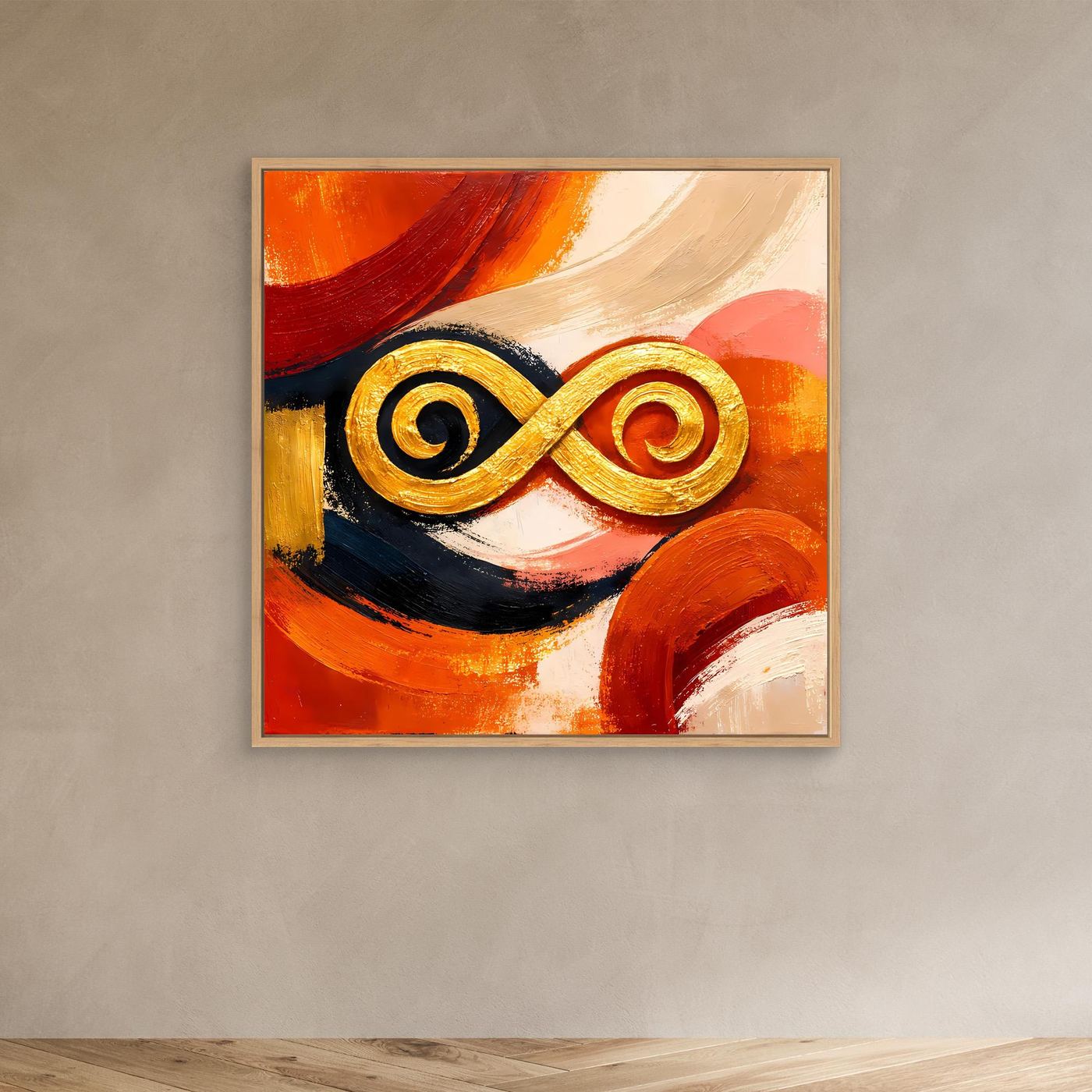 Abstraktes Leinwandbild mit goldener Unendlichkeits-Symbolik im hellen Holzrahmen, orange-rot